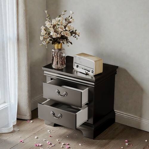 Angle. LUCKY ONE - 22" Assembled Classic Wooden Nightstand 2-Drawer Antique Pulls - Black.