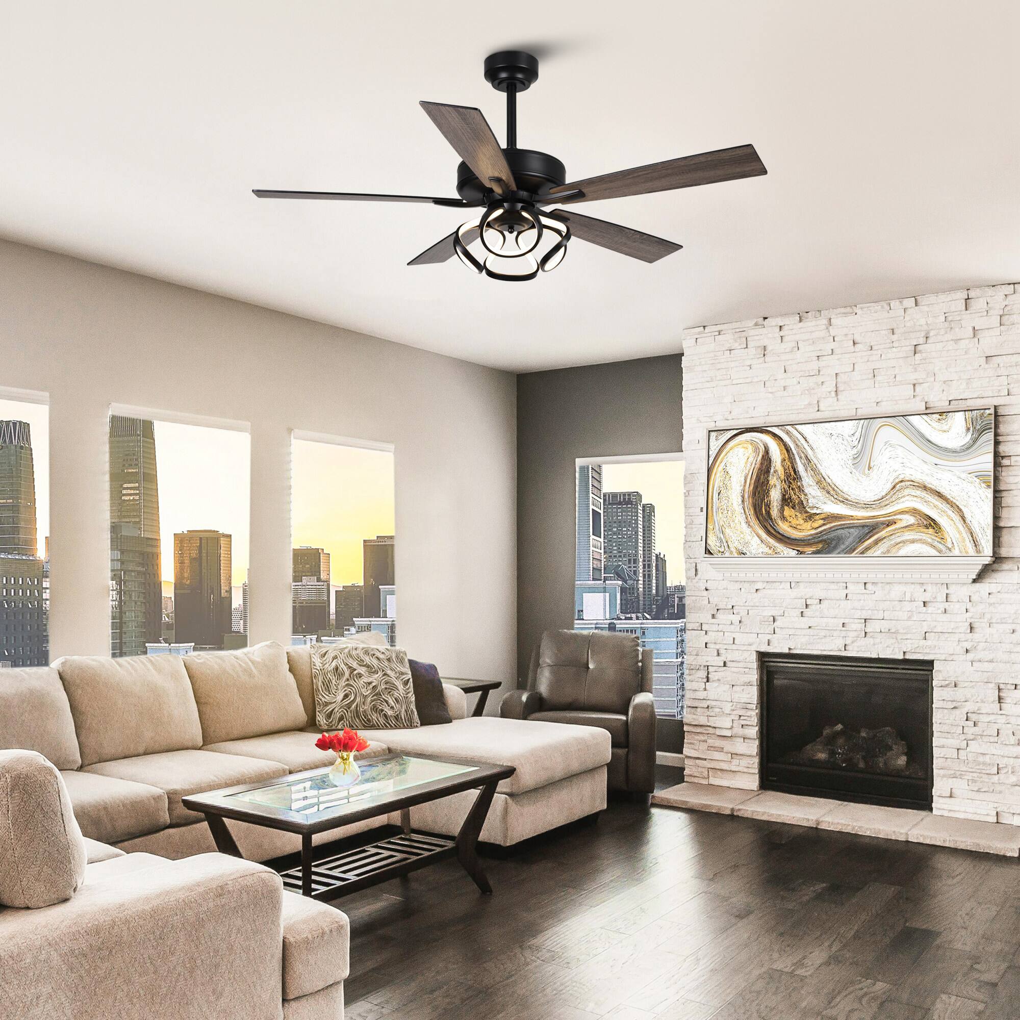 Back. Parrot Uncle - 52" Modern Black Indoor Dimmable LED Ceiling Fan with Light and Remote - Matte Black.