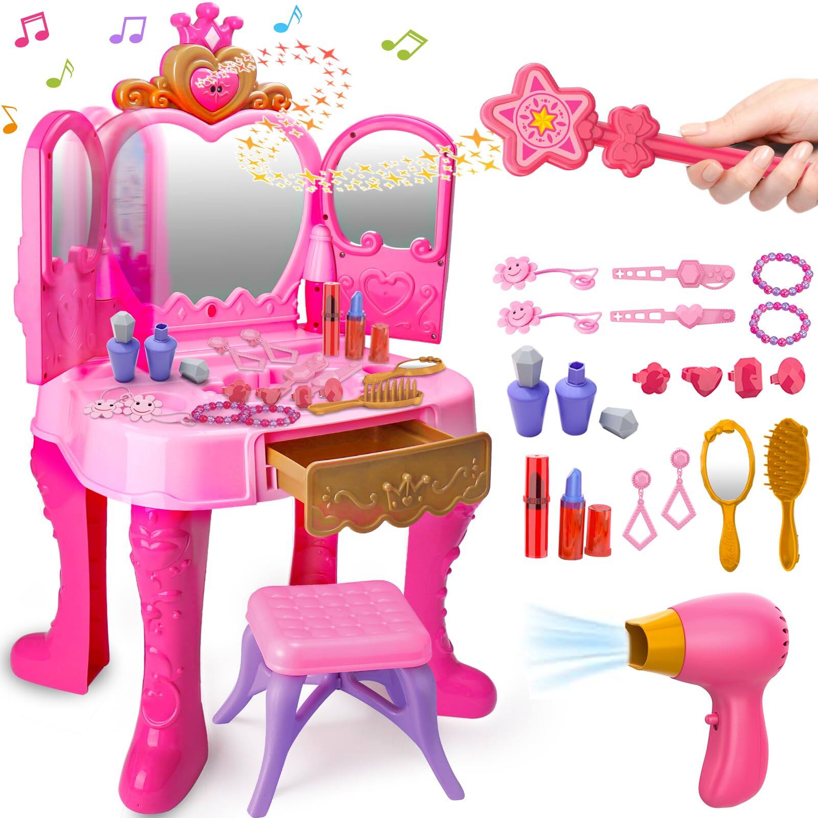 Front. Earthley Blooms - Vanity Magic Makeup Set Table And Chair Girl Automatically Mirror With Music Light Toys For Year Old Hair S - Makeup Table.