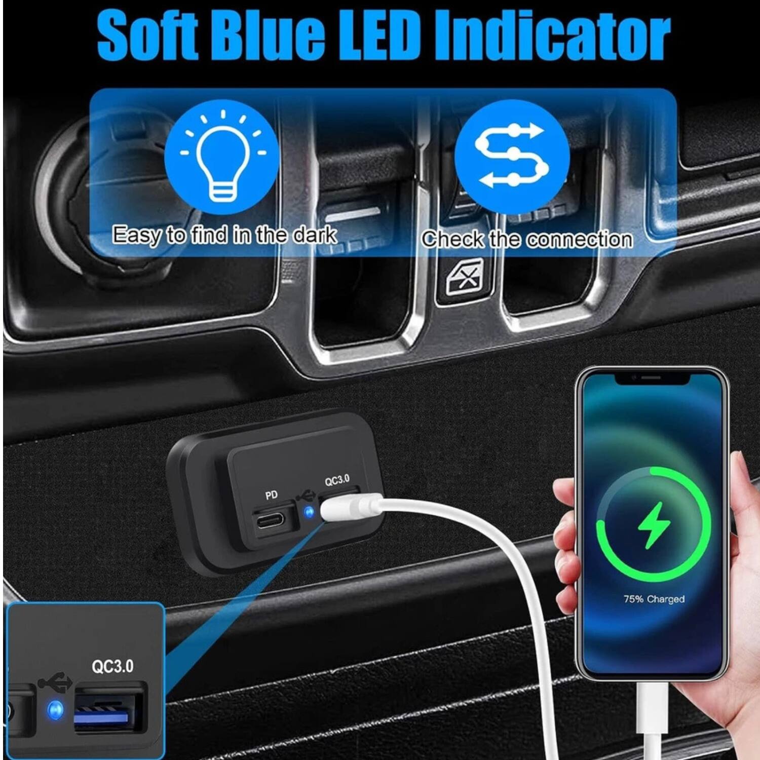 Soft Blue LED Indicator

- Easy to find in the dark
- Check the connection

QC3.0
PD QC3.0

75% Charged