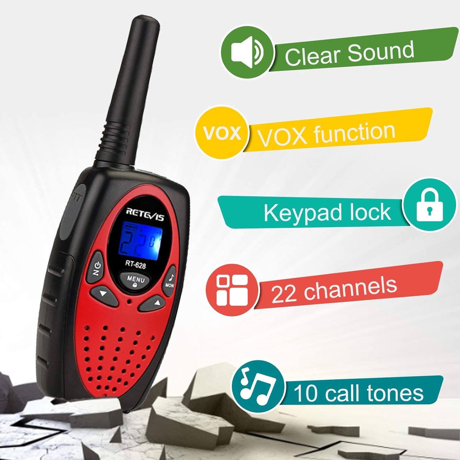 - Clear Sound
- VOX function
- Keypad lock
- 22 channels
- 10 call tones