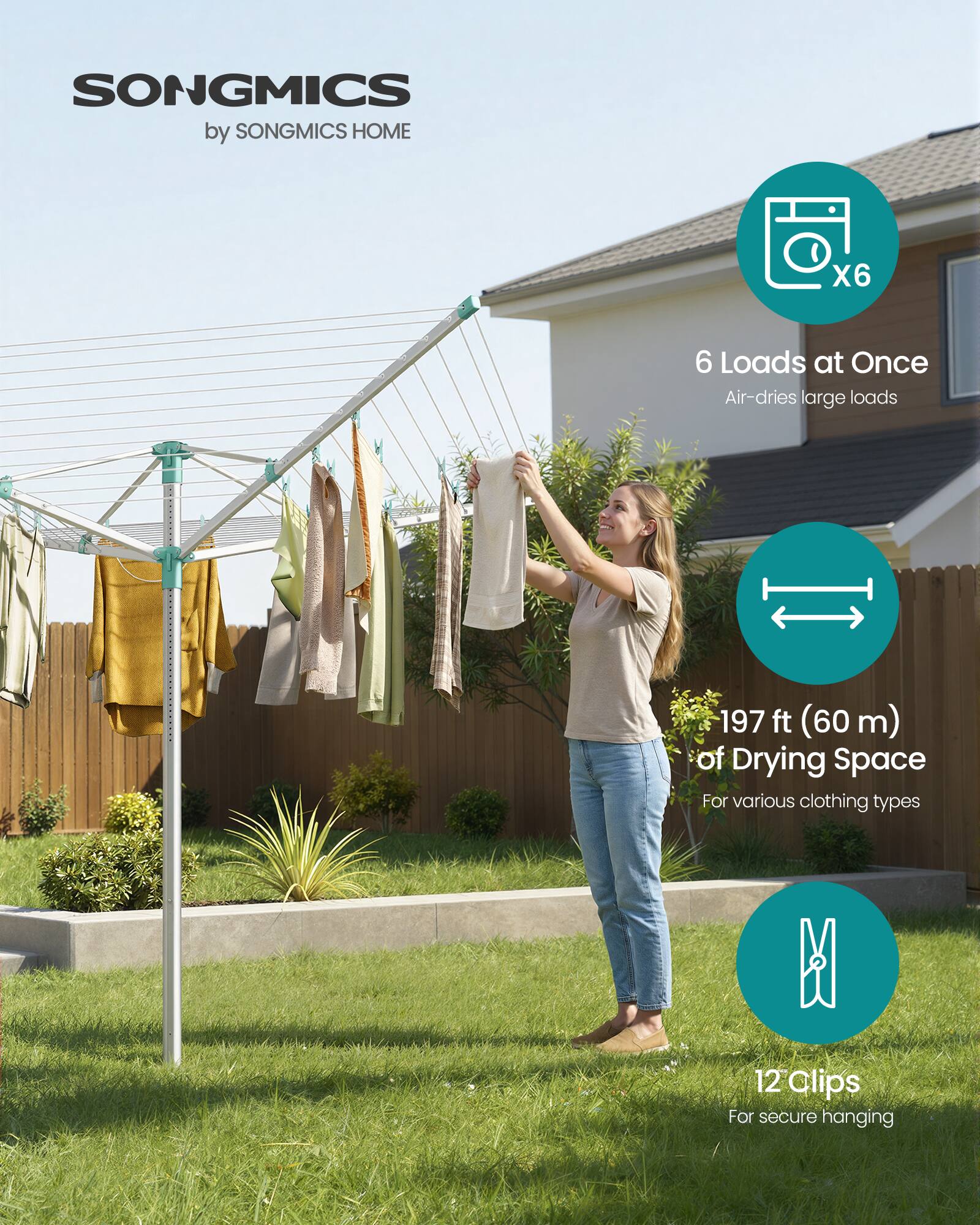 SONGMICS by SONGMICS HOME

X6
6 Loads at Once
Air-dries large loads

197 ft (60 m) of Drying Space
For various clothing types

12 Clips
For secure hanging