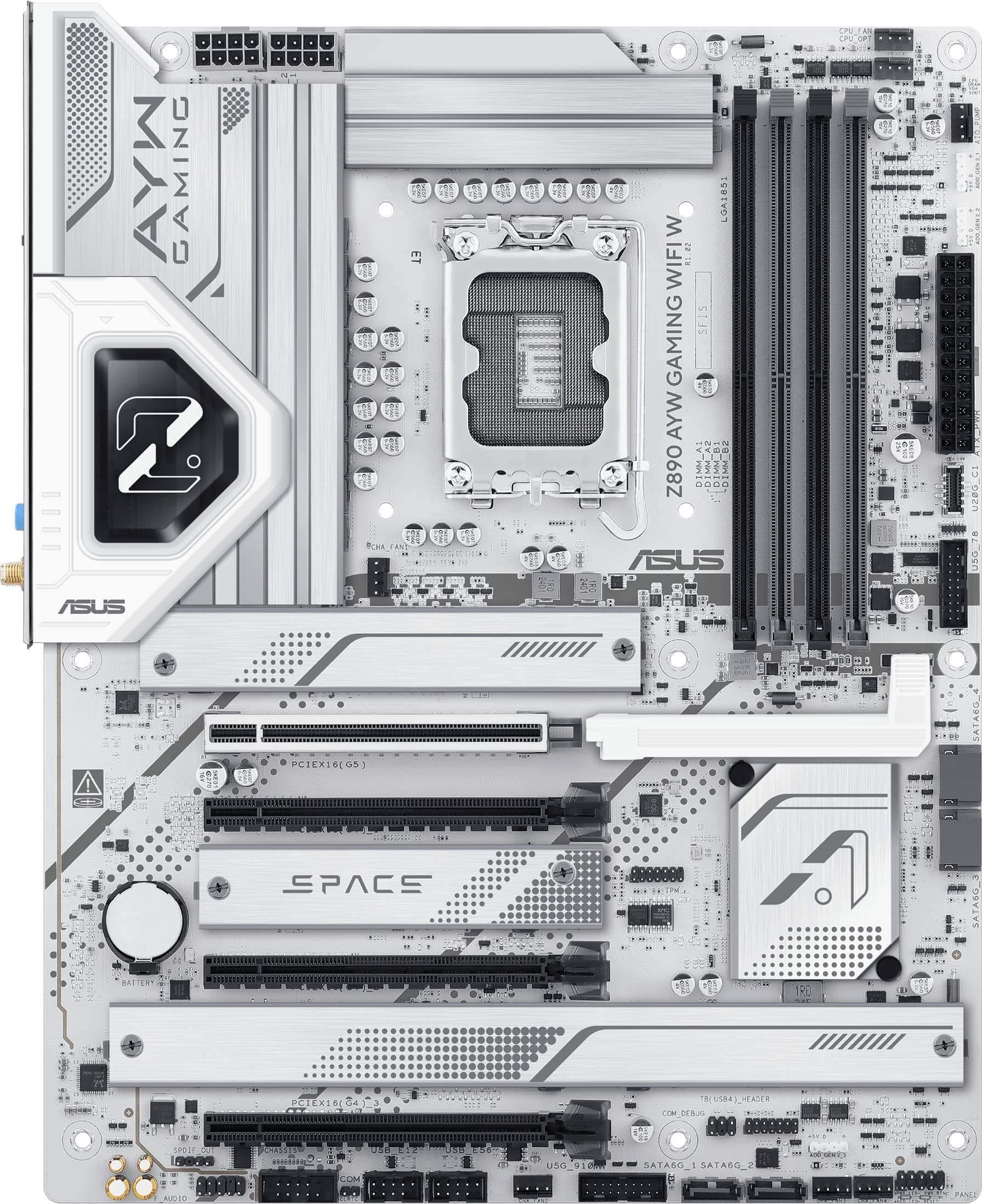 The image shows a close-up of a computer motherboard with various components, including a CPU fan, RAM, and a hard drive. The motherboard is made by Asus, and it features a space-themed design. The image also shows a close-up of the back of the motherboard, which includes a wifi card and a PCIe slot. The motherboard is designed for gaming purposes and is equipped with a variety of features to enhance the gaming experience.