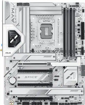 The image shows a close-up of a computer motherboard with various components, including a CPU fan, RAM, and a hard drive. The motherboard is made by Asus, and it features a space-themed design. The image also shows a close-up of the back of the motherboard, which includes a wifi card and a PCIe slot. The motherboard is designed for gaming purposes and is equipped with a variety of features to enhance the gaming experience.