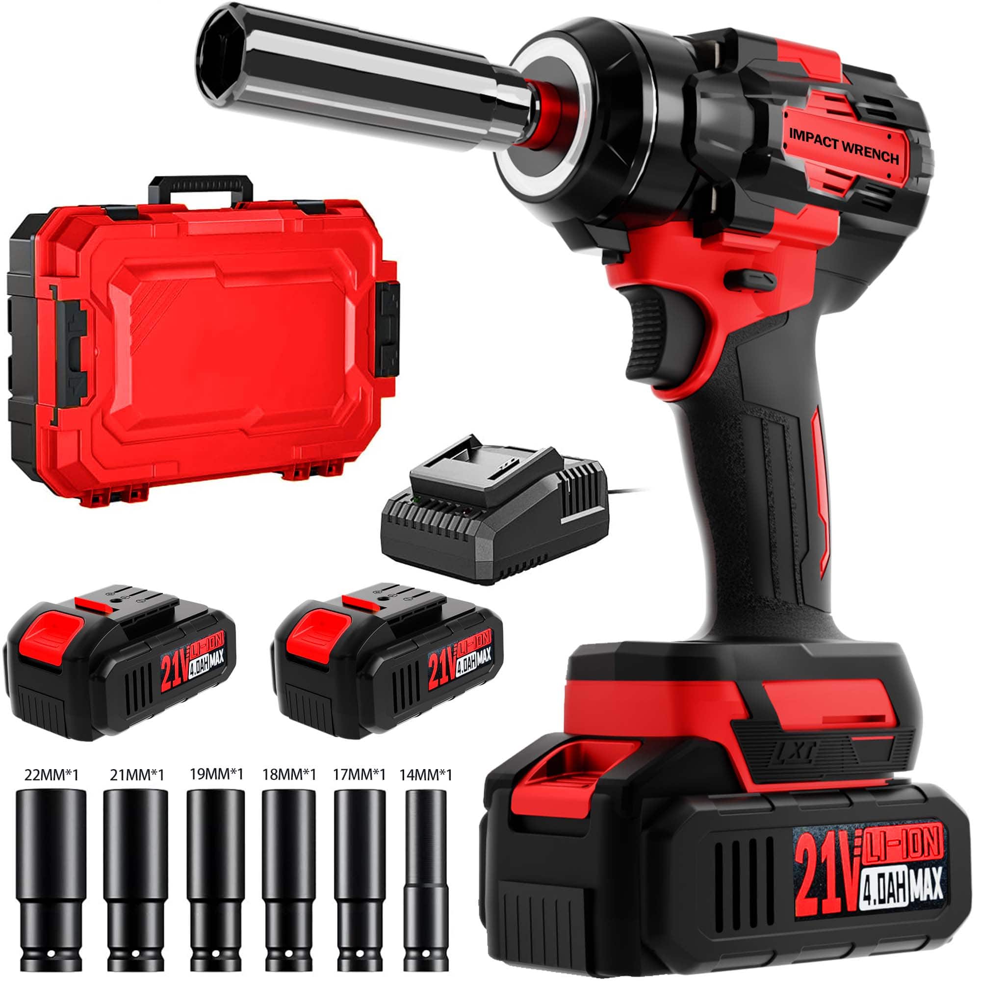LITEKON - Cordless Impact Wrench, MAX 850N.M Brushless Impact Gun 1/2 inch, 2*4.0Ah Battery with 6 Sockets, Fast Charger - Red and Black