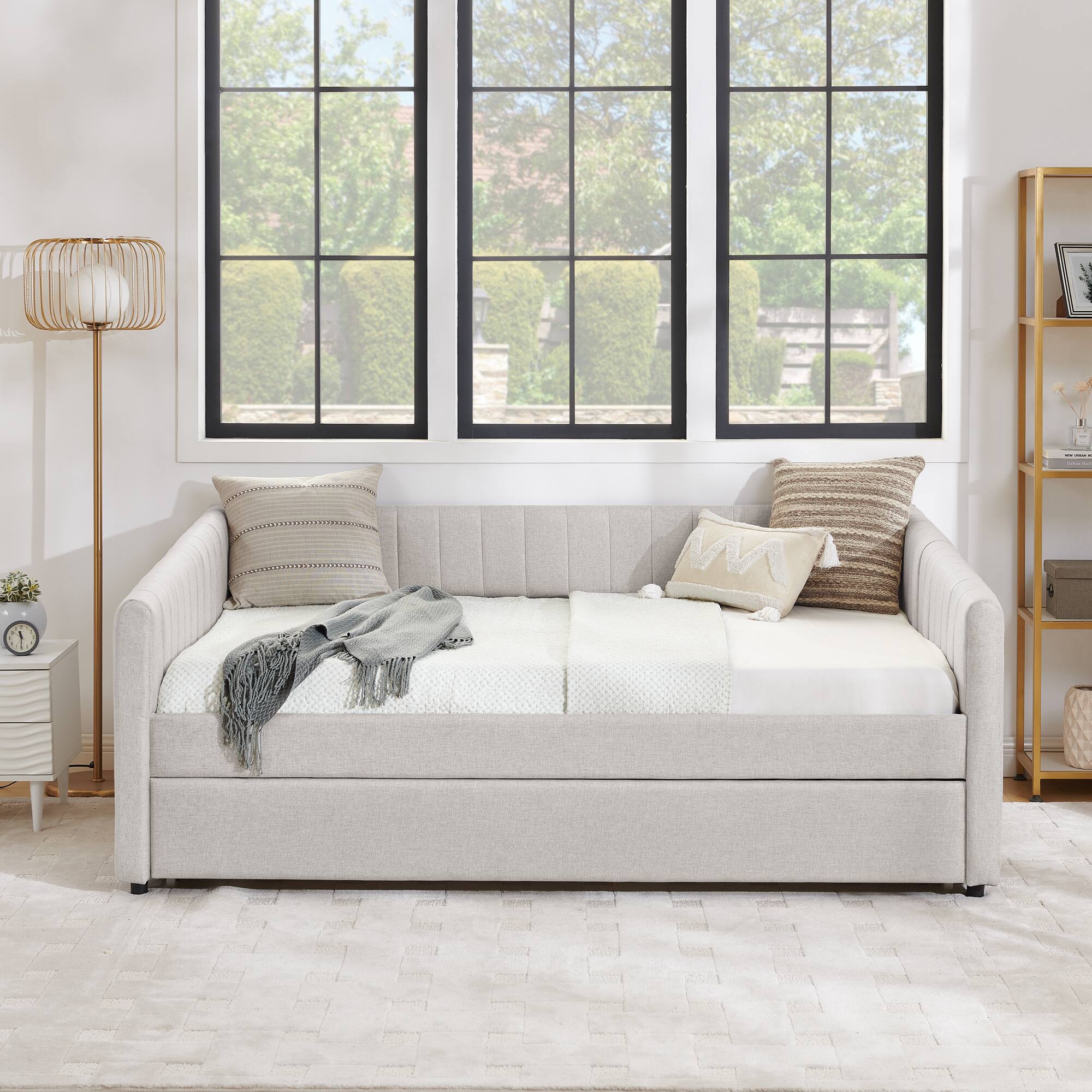 Alt View 2. Tiramisubest - Full Size Daybed with Trundle Upholstered Sofa Bed, with Vertical Stripes, Linen Fabric, Beige (82.5"x58"x30") - Beige.
