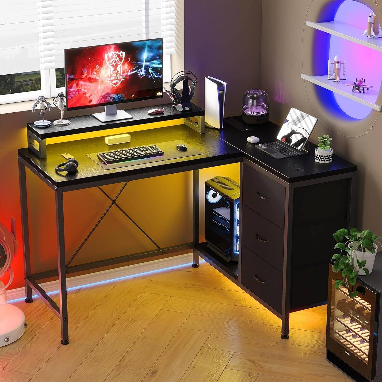 Front. Acekool - L Shaped Computer Gaming Desk with Power Outlets, Storage Shelves and Led Lights, Black.