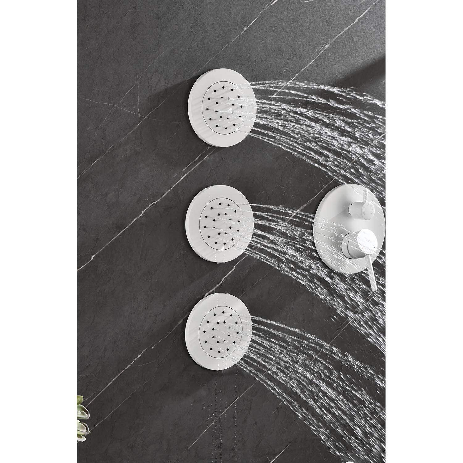 Back. DOMETOUR - 12" Round Rainfall Shower System with Handle Shower and with 3 Body Spray (include Valve) - White.