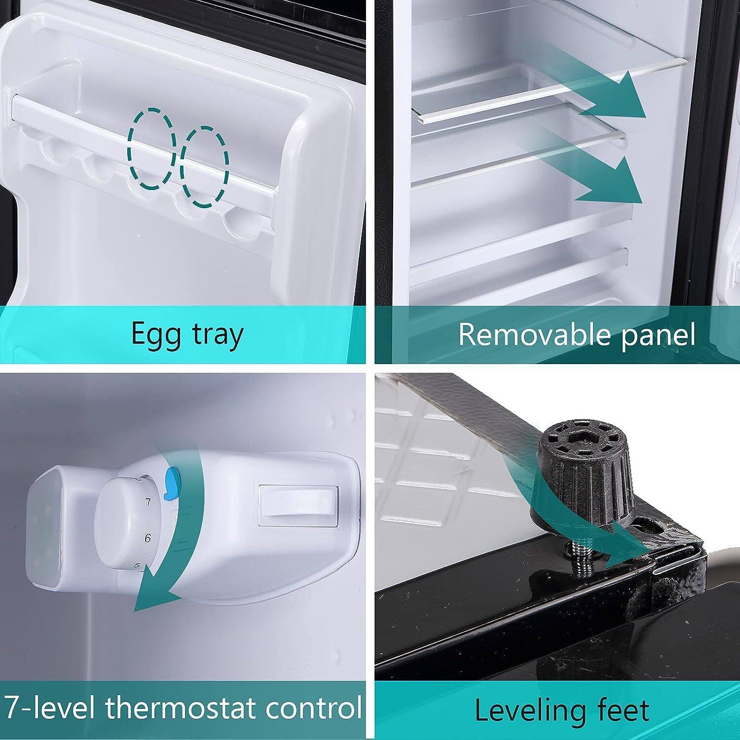 Egg tray  
Removable panel  
7-level thermostat control  
Leveling feet