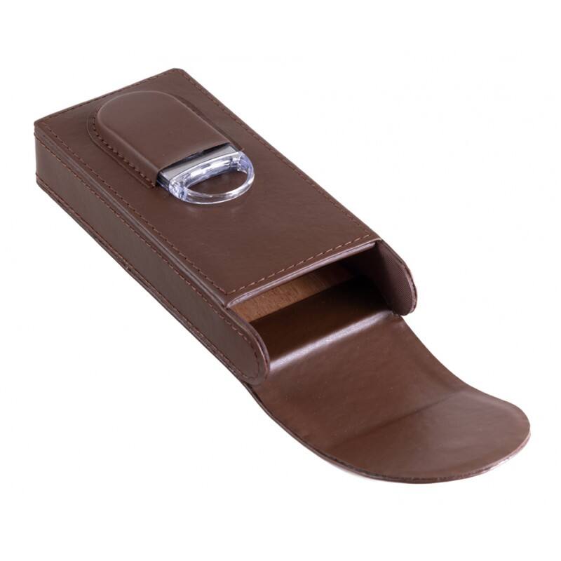 Back. Prestige - 3 Cigar Leather Case with Cutter (Brown) - Brown Leather Finish.