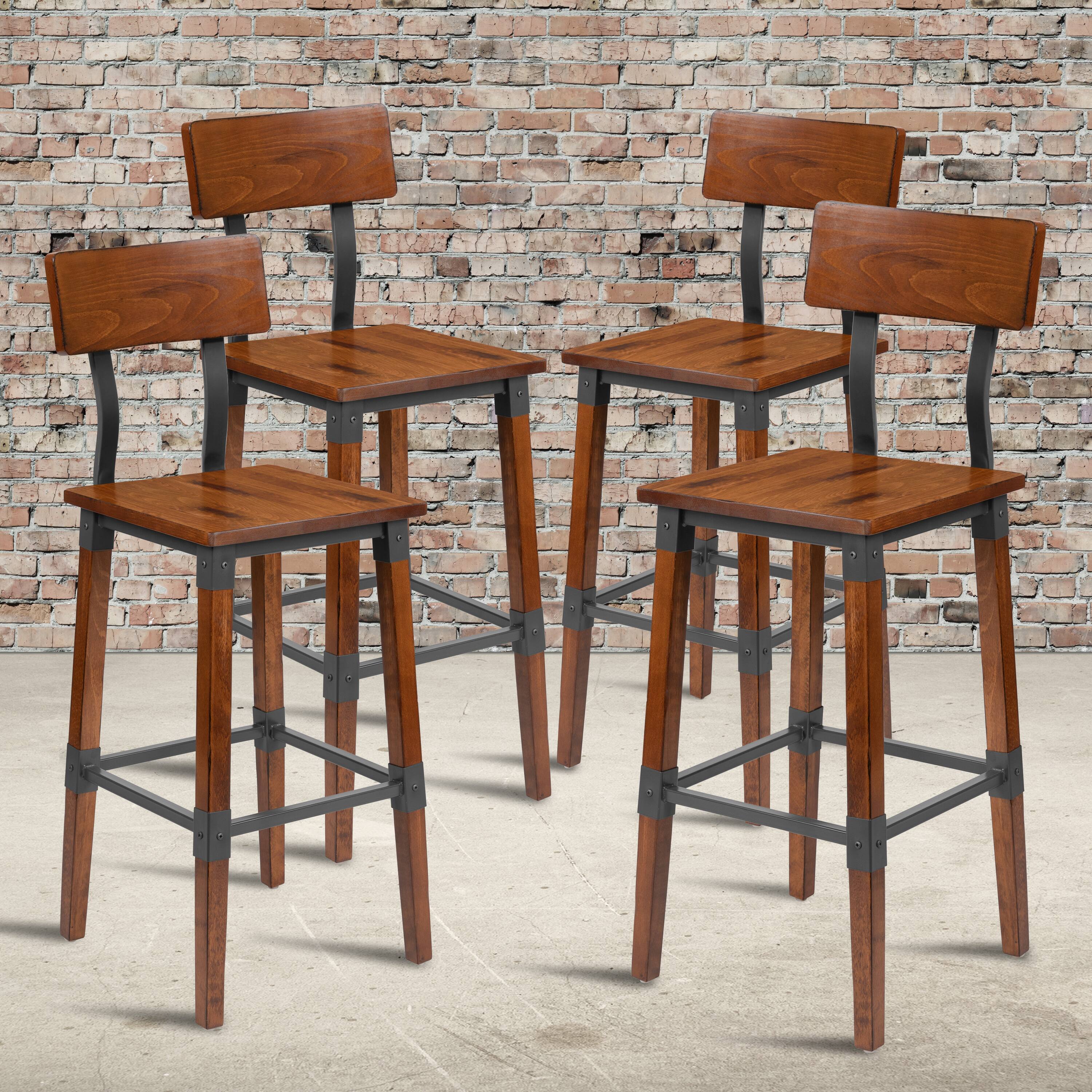 Alt View 2. Emma + Oliver - 4 Pack Commercial Grade Rustic Industrial Style Wood Dining Barstool - Walnut.