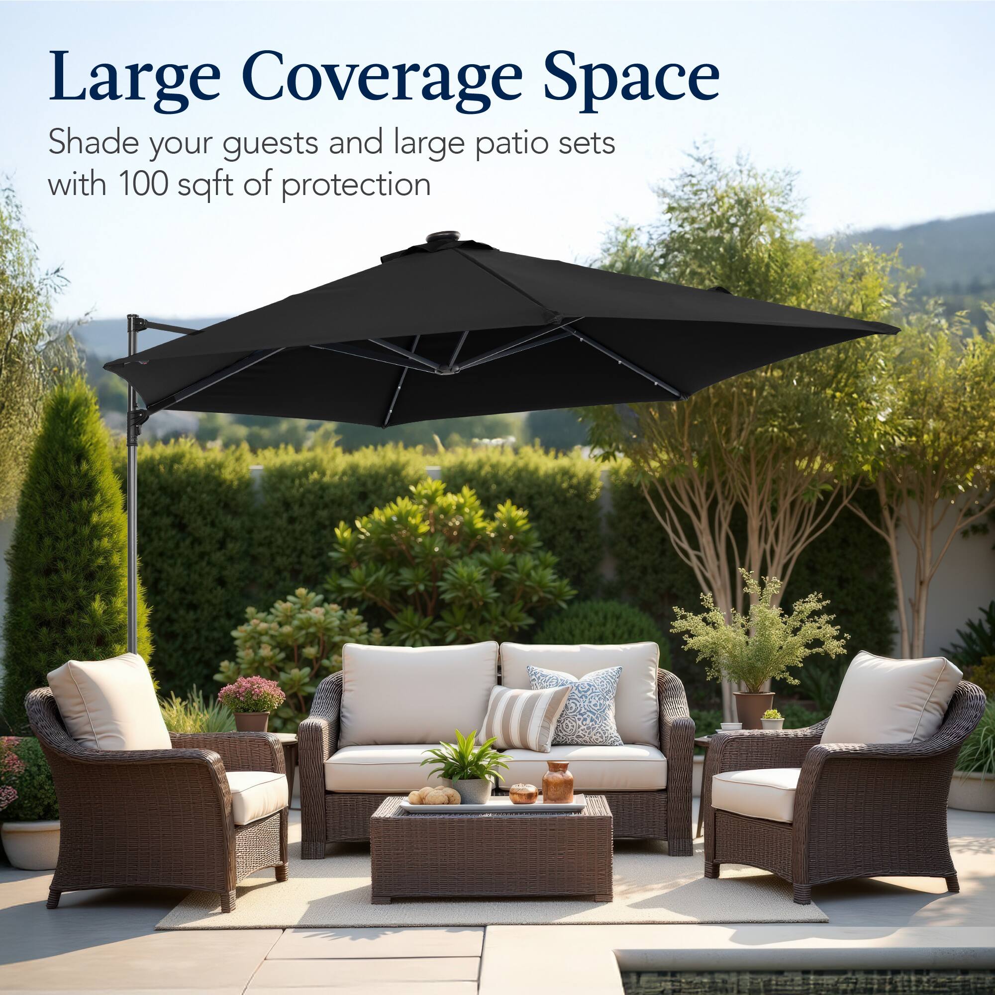 Large Coverage Space  
Shade your guests and large patio sets with 100 sqft of protection