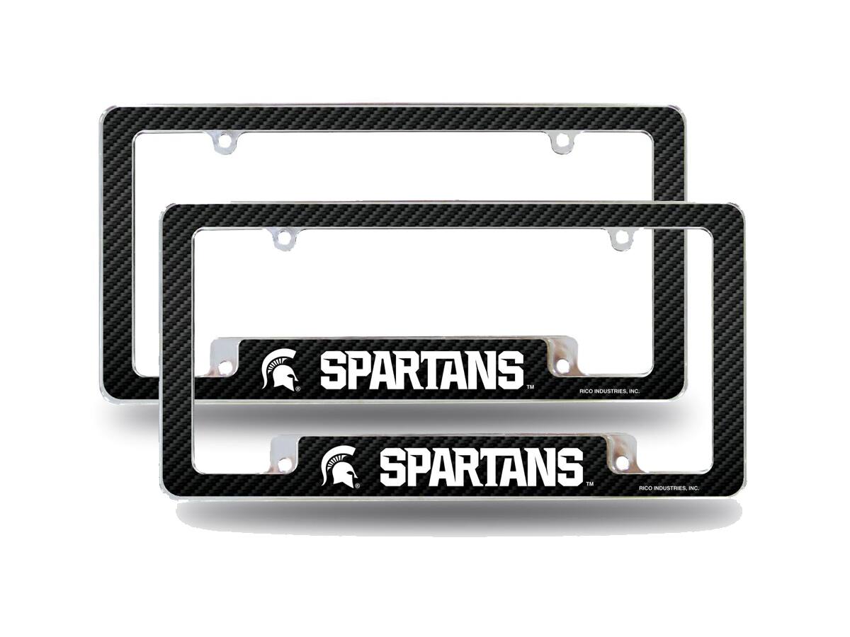 Michigan State Spartans (Set of 2) Chrome Metal License Plate Frames with Carbon Fiber Design