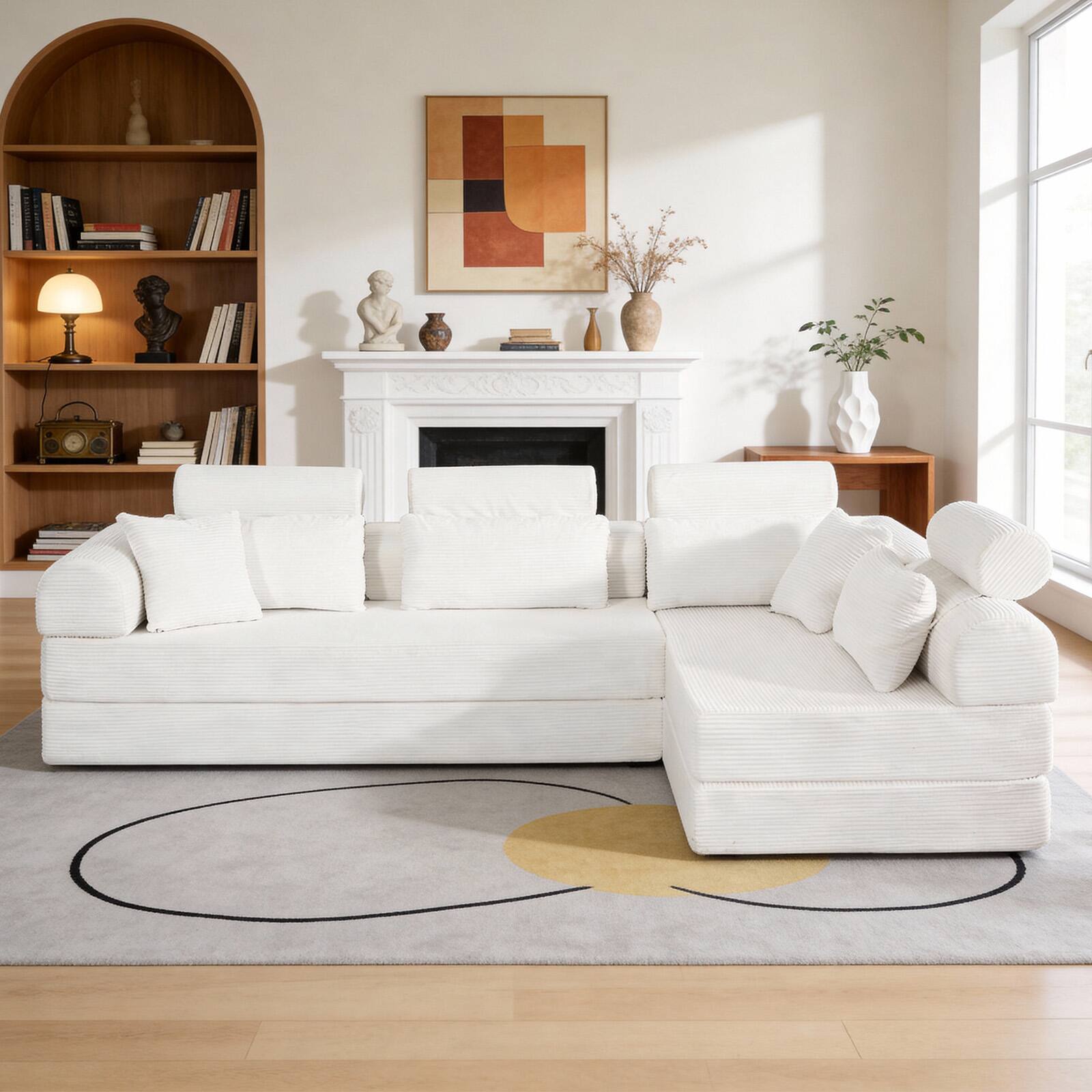 Angle. Anysun - L-Shape Corduroy Modular Sectional Sofa - Minimalist Compressed Design, Unfolds into Bed, Space-Efficient - Beige.