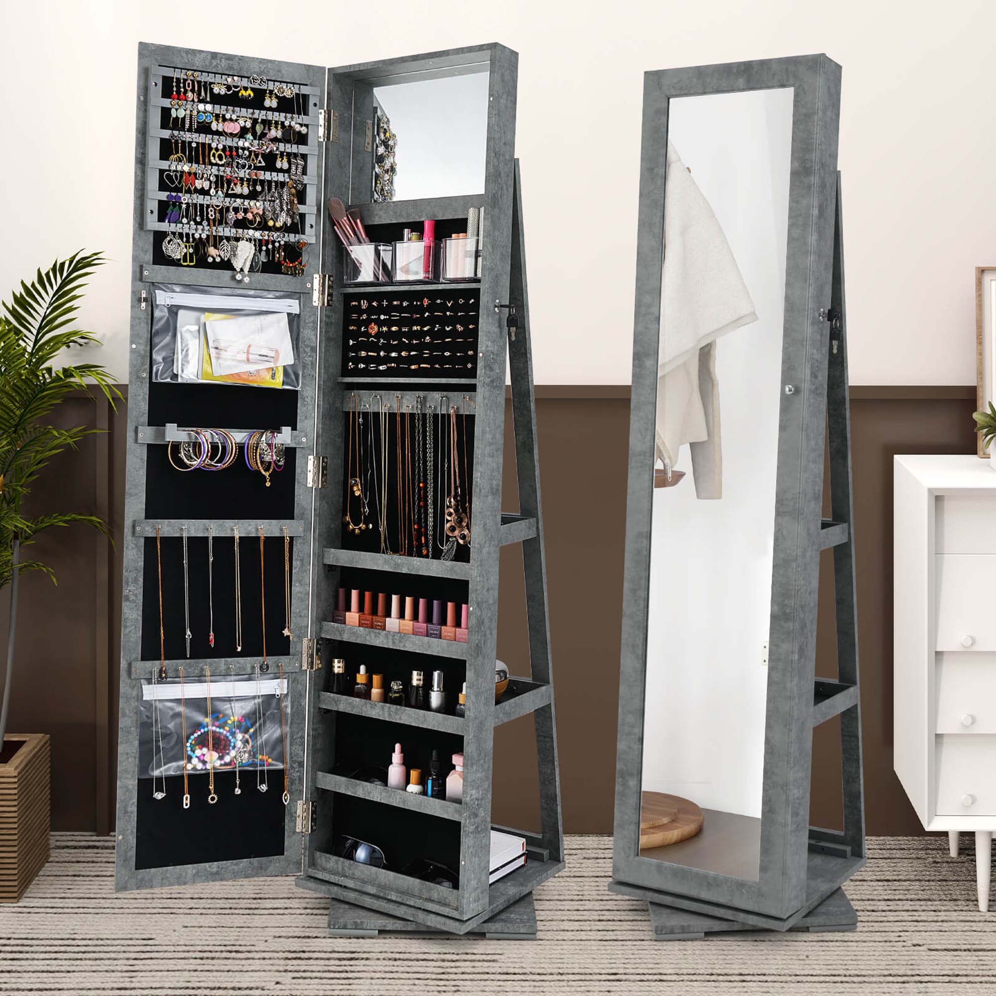 Alt View 1. Costway - Costway 360° Rotatable Jewelry Cabinet Armoire 2-in-1 Lockable Mirrored - Dark Gray.