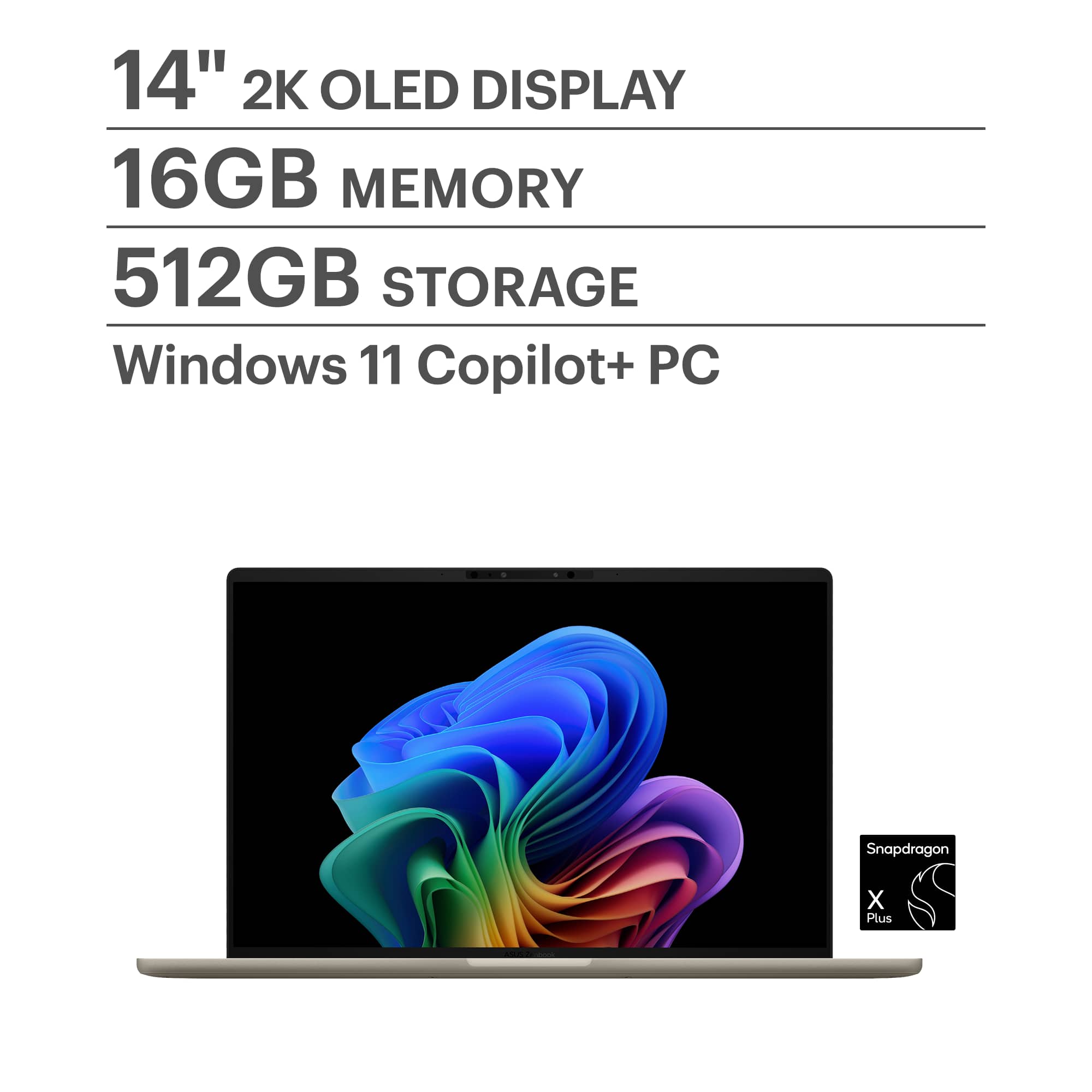 ASUS - Zenbook A14 14" FHD+ OLED Laptop - Copilot+ PC - Snapdragon X Plus - 16GB RAM - 512GB SSD - Zabriskie Beige - Front_Zoom