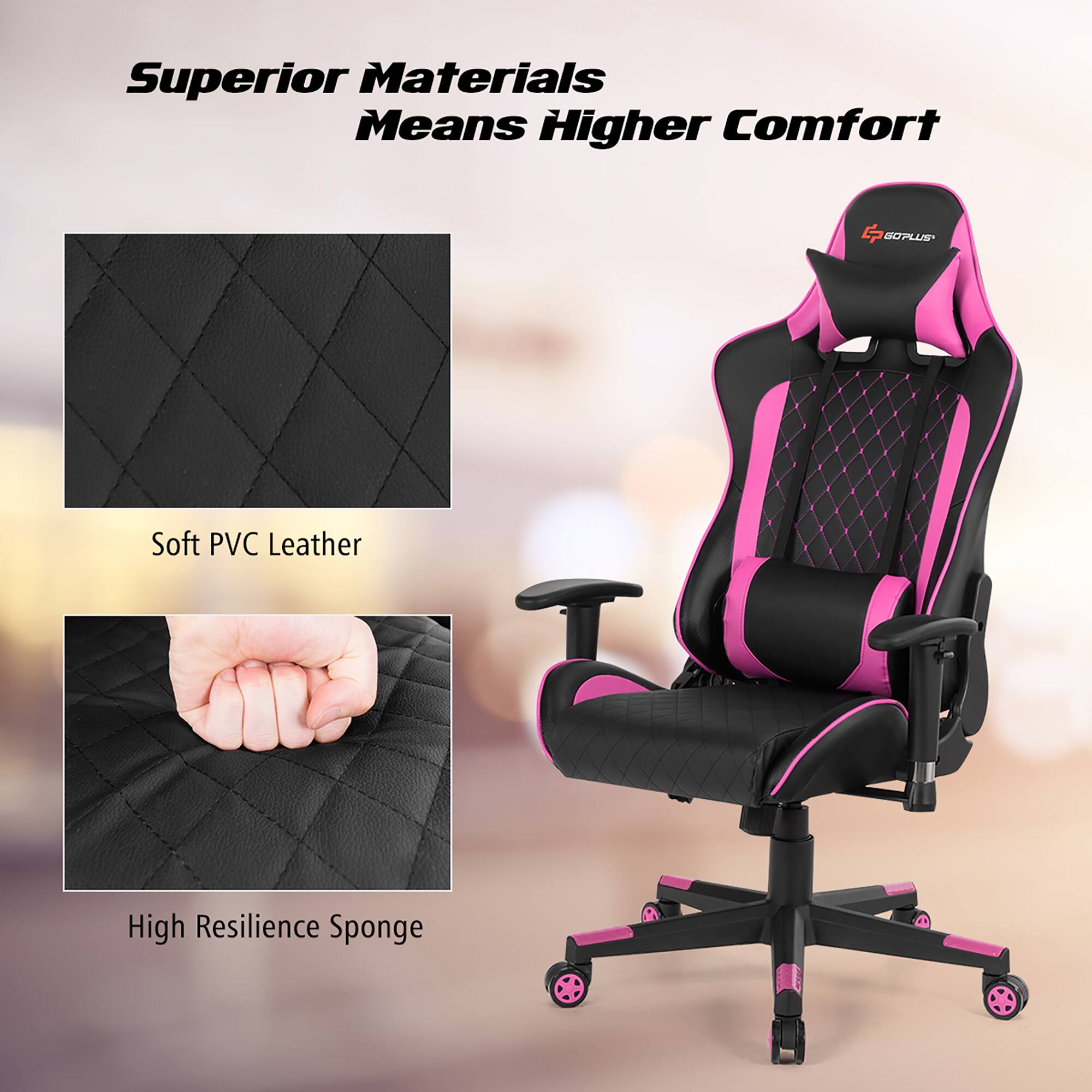 Superior materials means higher comfort. The pink and black chair is made with high resilience sponge and soft PVC leather.
