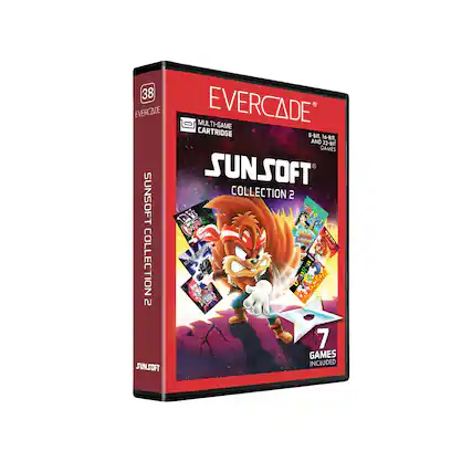 Sure, here is the corrected and grouped text from the image:
---
**EVERCADE**
**EVERCADE MULTI-GAME CARTRIDGE**
**SUNSOFT COLLECTION 2**
**8-BIT, 16-BIT, AND 32-BIT GAMES**
**7 GAMES INCLUDED**
**SUNSOFT**
---
This text is organized to reflect the information on the packaging. - RP (Rating Pending)