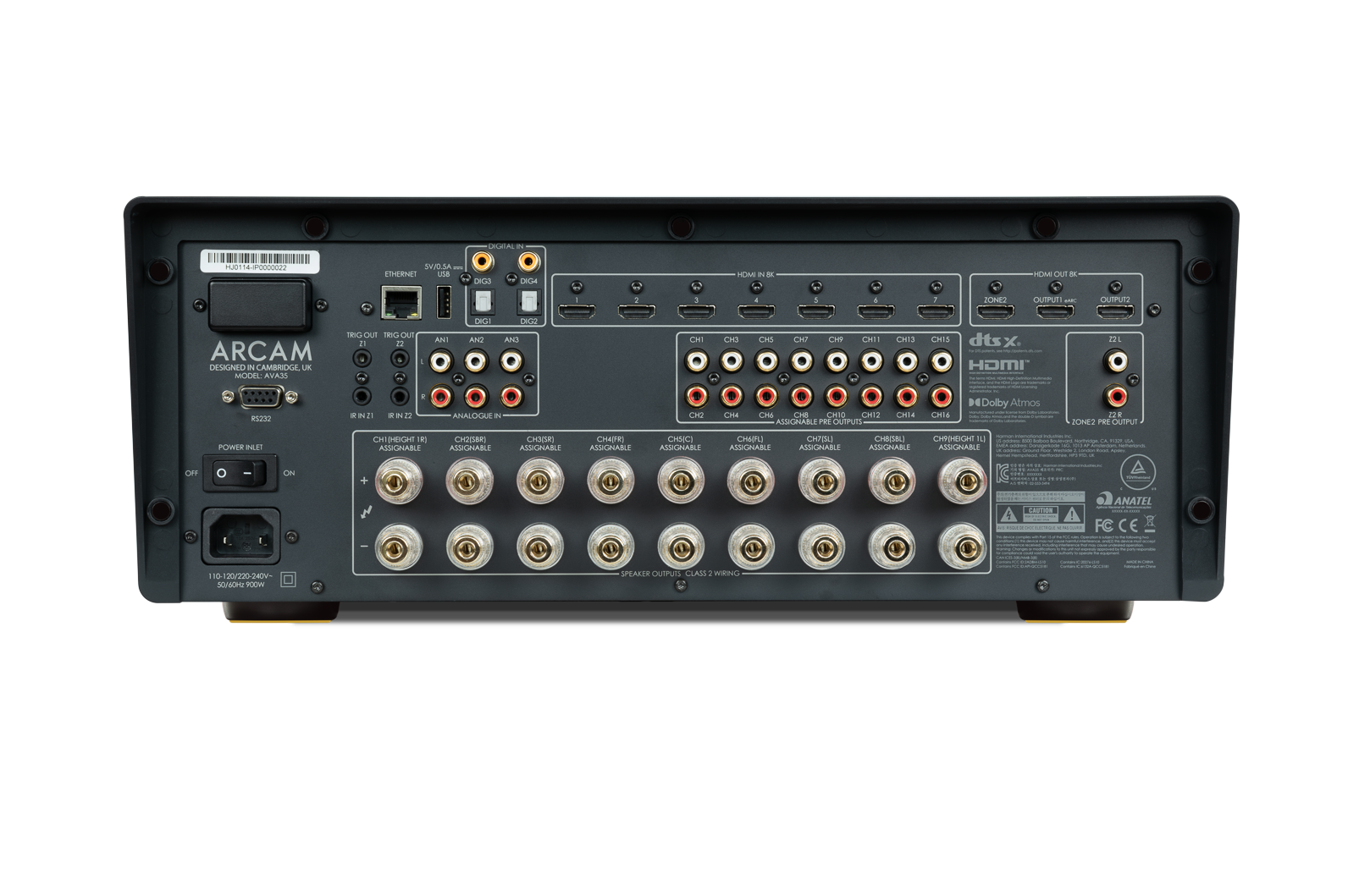 LLAIA i PUO 40000002 SW/O.SA ETHERNE vsa DGS DIIA HDM I d HOM OUT - - 1 3 4 8  1 JONE2 OUTPUTI - OUTPUT2 TRIG-OUT TRIG OUT 1 11 ARCAM I DESIGNID  CAMBRICKA UX MOLHS AVA3O ANI  ANVa CHOO AN CH DO CHI  CH CRSI CH13 CHIS dts X HOMI 2 8S232 WIDI . N2 2 a ANALOGUE i Cma C Cn CH CHIO CH12 ASSICNABLE PRE OUTPUTS CHI ClE H Dolby Atmos 12 4 ZONE? PRF OUTPUT OF POWER NUFT I ON ONE CHEJHEIGHT 18) ASSIGNABLE + CH2DBK ASSIGNABLE CHDKI ASSIGNABLE CHAPE ASSIGNABLE CHSICI ASSICINABLE CHAPL ASUCINABLE CHNSL ASSIGNABLE CHEOBL CHRMEIGHT m ASSIGNABLE JIBAHOIZ I .. LASTION . ... -. ANATEL FC 110 20/2