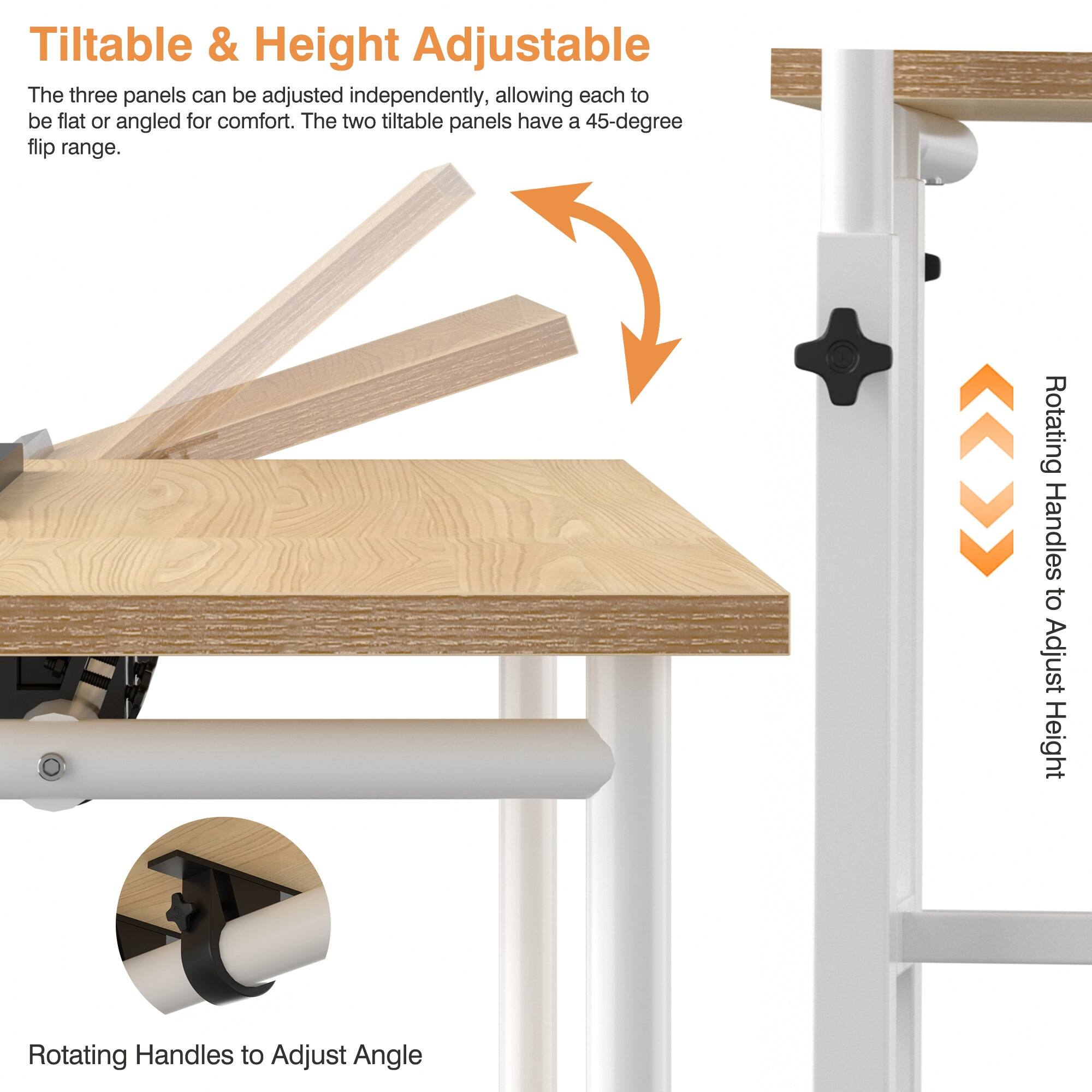 Tilttable & Height Adjustable

The three panels can be adjusted independently, allowing each to be flat or angled for comfort. The two tiltable panels have a 45-degree flip range.

Rotating Handles to Adjust Height

Rotating Handles to Adjust Angle