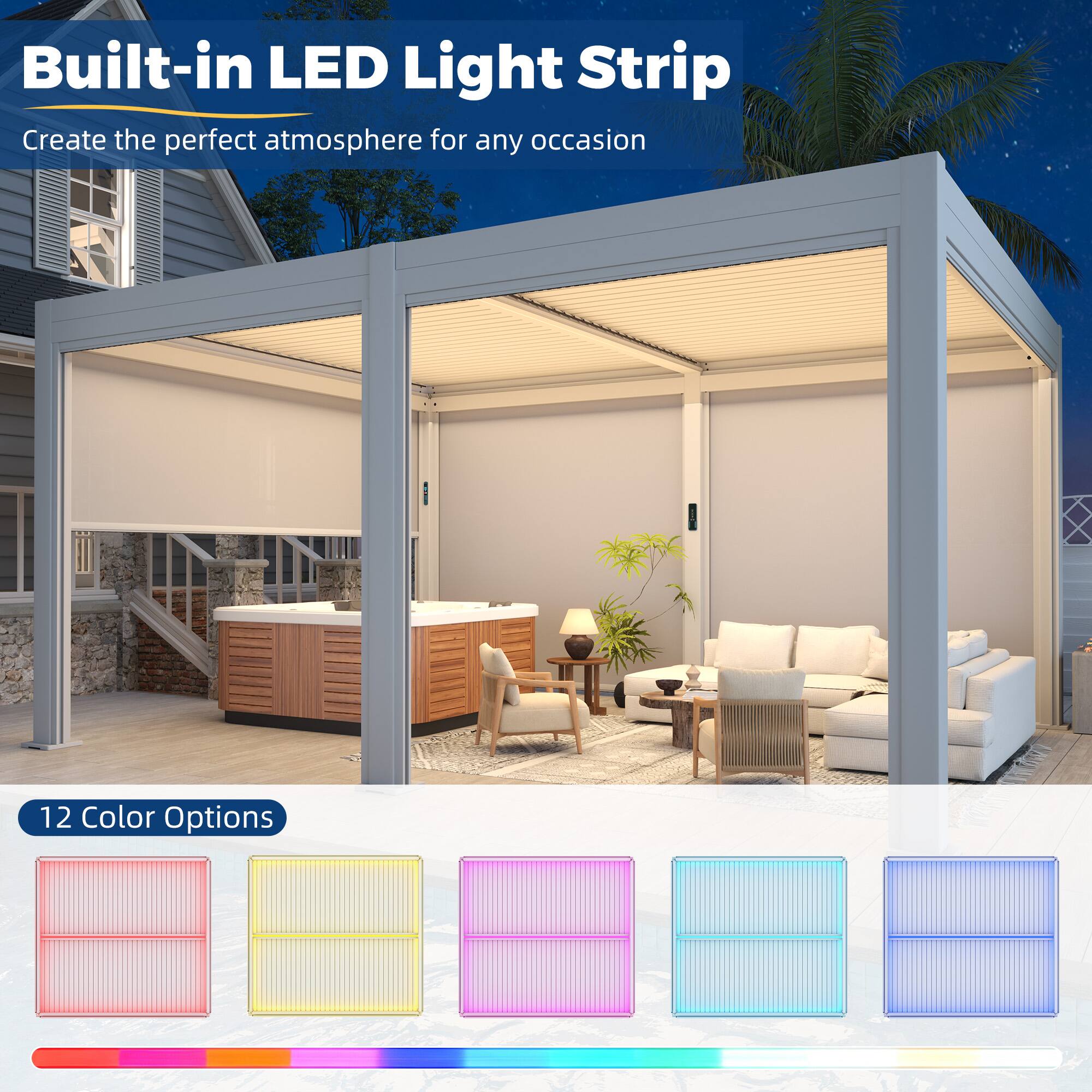 Built-in LED Light Strip  
Create the perfect atmosphere for any occasion  

12 Color Options