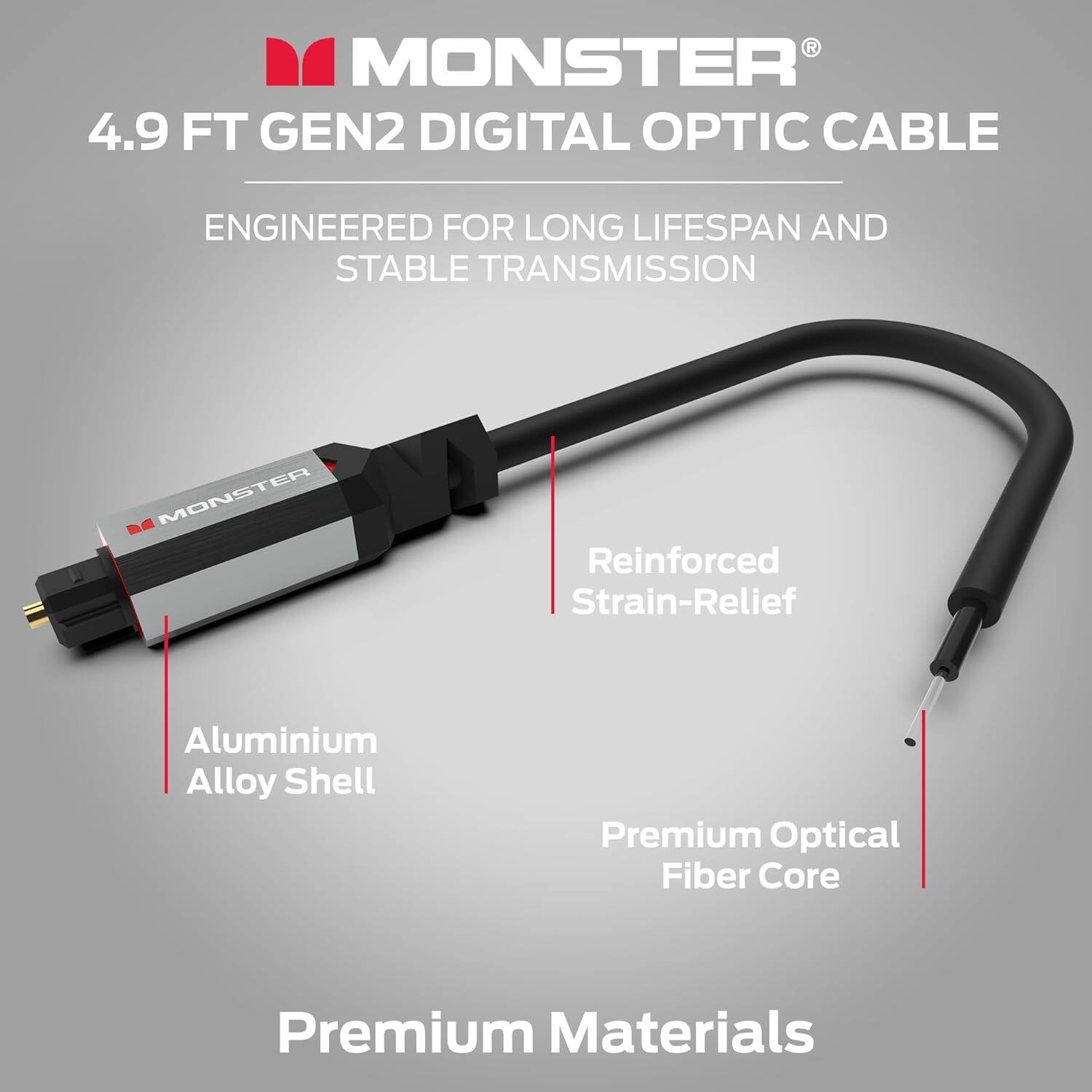 MONSTER 4.9 FT GEN2 DIGITAL OPTIC CABLE ENGINEERED FOR LONG LIFESPAN AND STABLE TRANSMISSION MONSTER Reinforced Strain-Relief Aluminium Alloy Shell Premium Optical Fiber Core Premium Materials