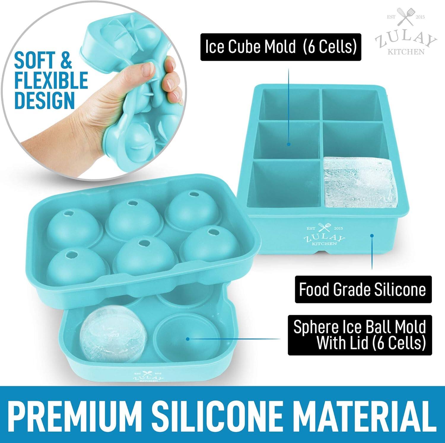 SOFT & FLEXIBLE DESIGN

Ice Cube Mold (6 Cells)

Food Grade Silicone

Sphere Ice Ball Mold With Lid (6 Cells)

PREMIUM SILICONE MATERIAL

ZULAY KITCHEN

EST 2015