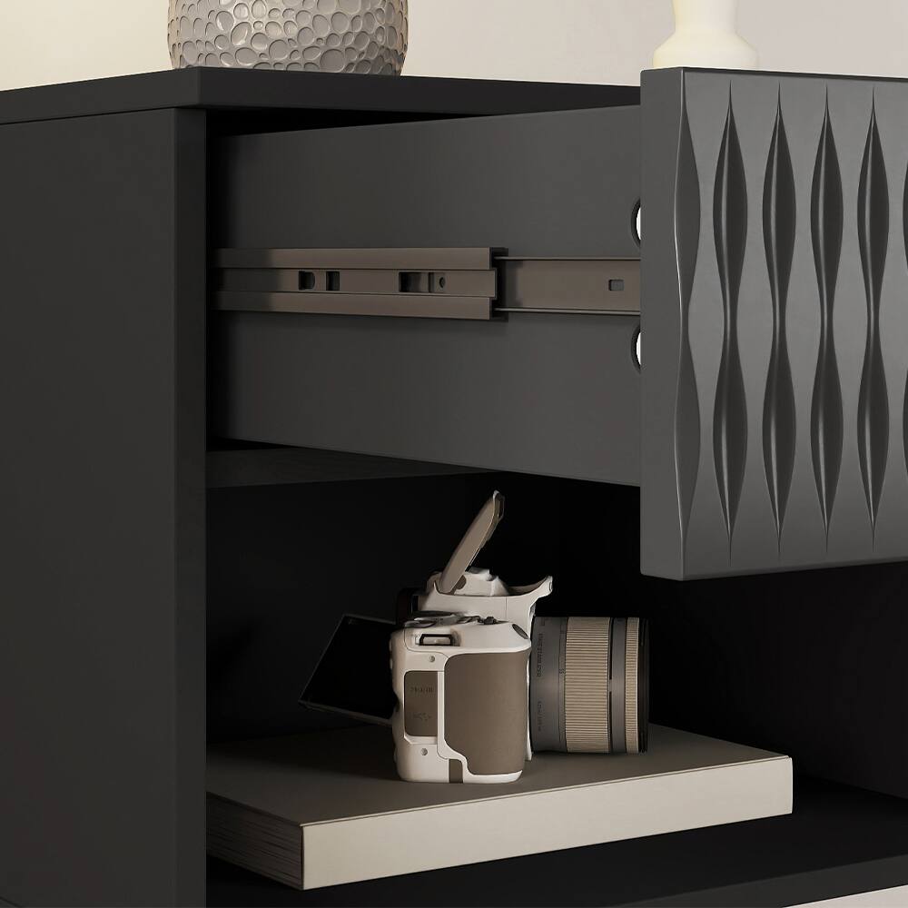 Alt View 7. Spaco - Spaco Set of 2 Floating Nightstands with Carved Surface, 2 Drawers, Open Shelf, Space Saving and Anti-Shake Hardware - Black.