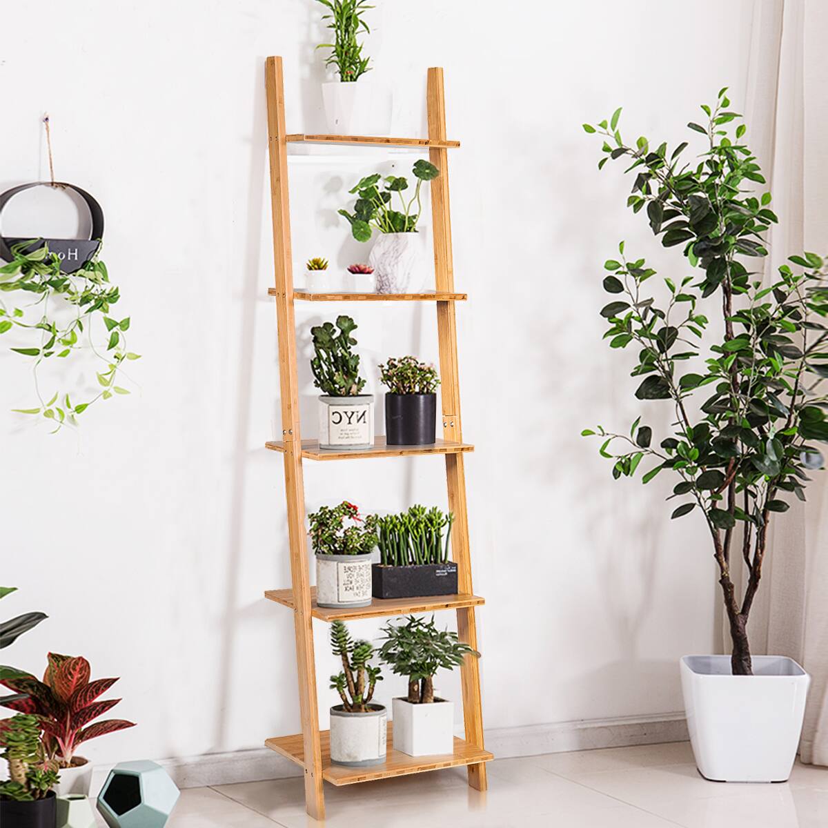 Alt View 1. Costway - Costway 5-Tier Ladder Shelf Modern Bamboo Leaning Bookshelf Ladder Bookcase Open Display - Natural.