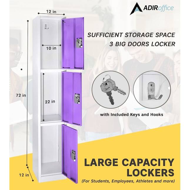 ADIR office, SUFFICIENT STORAGE SPACE, 3 BIG DOORS LOCKER, 72 in, 22 in, with Included Keys and Hooks, LARGE CAPACITY LOCKERS (For Students, Employees, Athletes and more), 12 in, 10 in