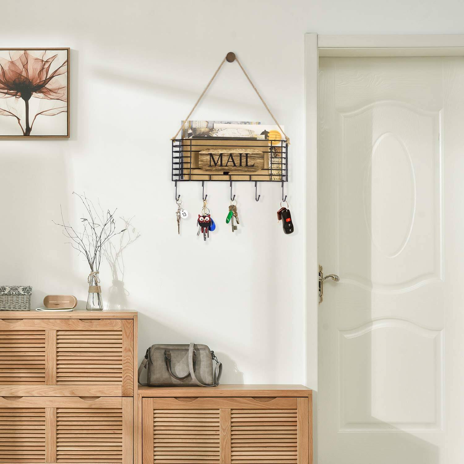 Alt View 3. Dapper Styles - Mail Holder Rustic Organizer Wall Mount Hanging Sorter Letter Basket With 5 Key For Carbonized - Weathered Grey-Large.