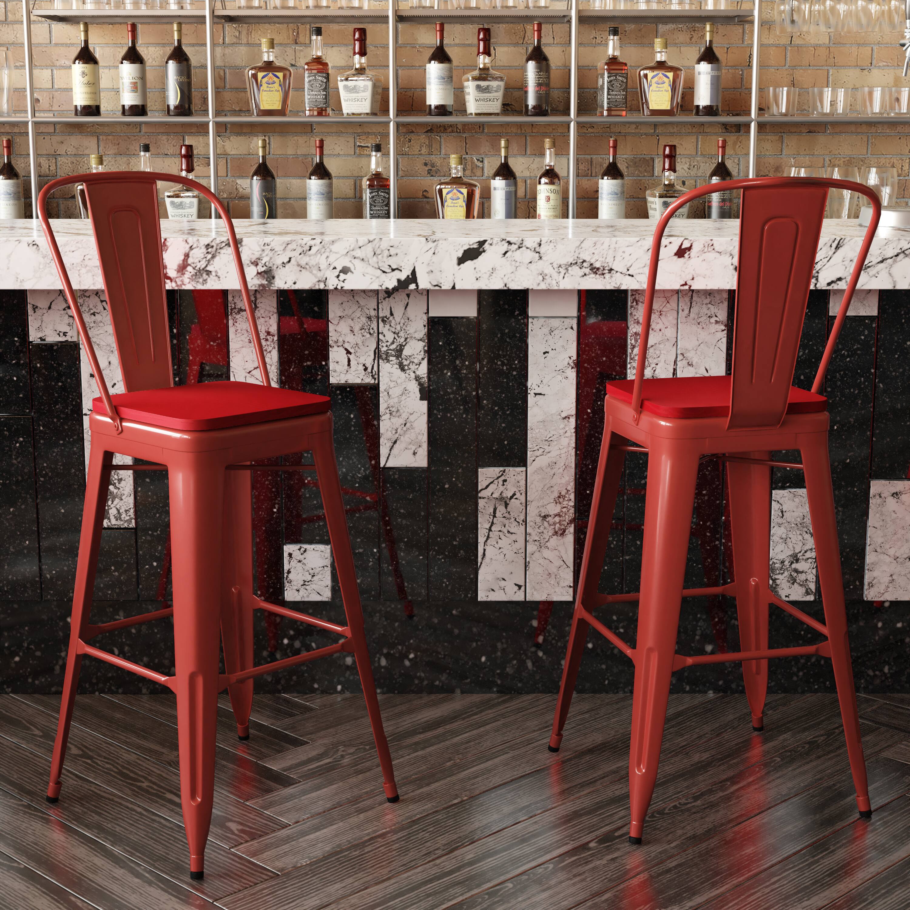 Alt View 3. Emma + Oliver - Kam Metal Indoor-Outdoor Stool with Removable Back and All-Weather Polystyrene Seat - Red Seat/Red Frame.