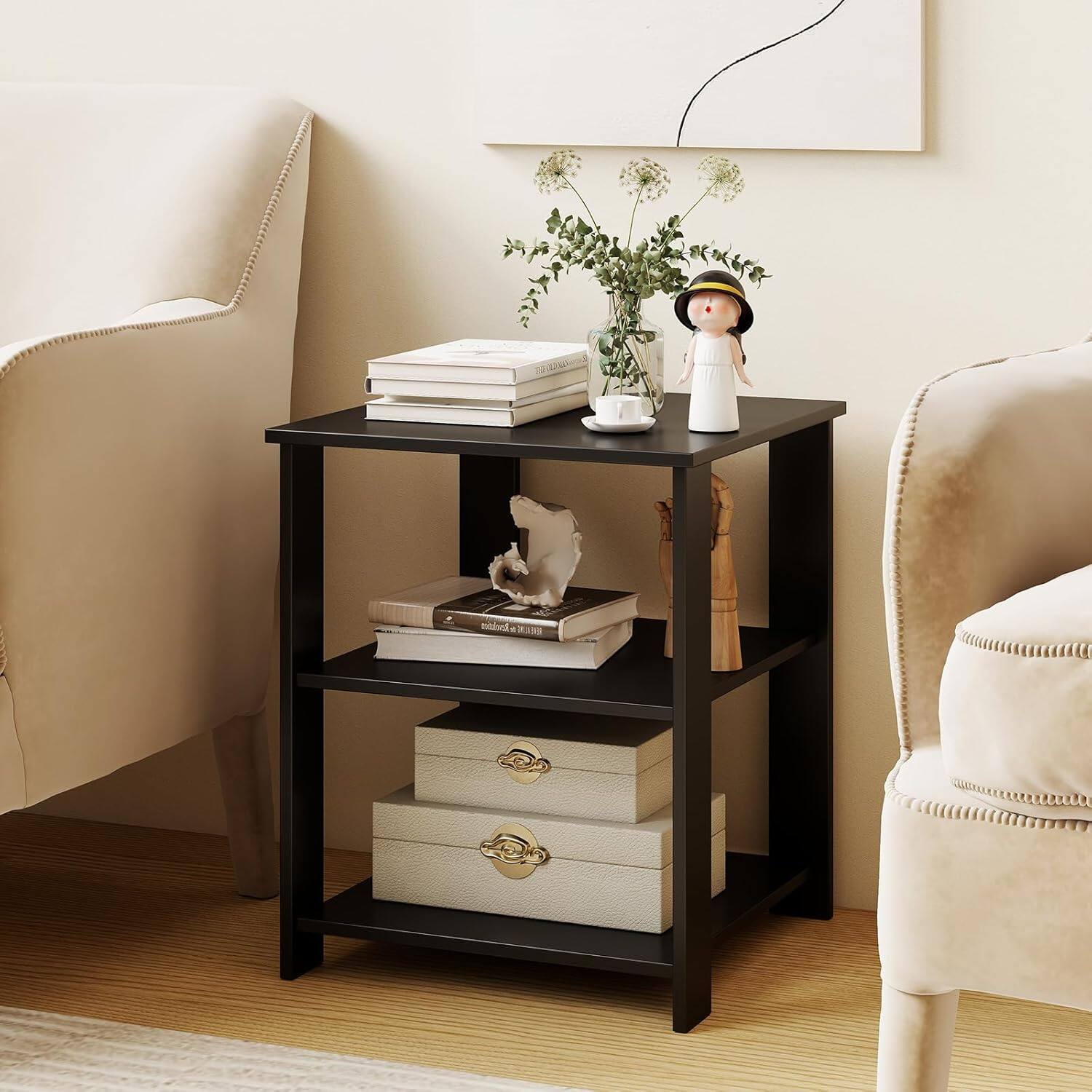 Front. Gymax - Gymax 3-Tier End Table Square Side Table w/Open Storage Shelves for Living Room Black - Black.