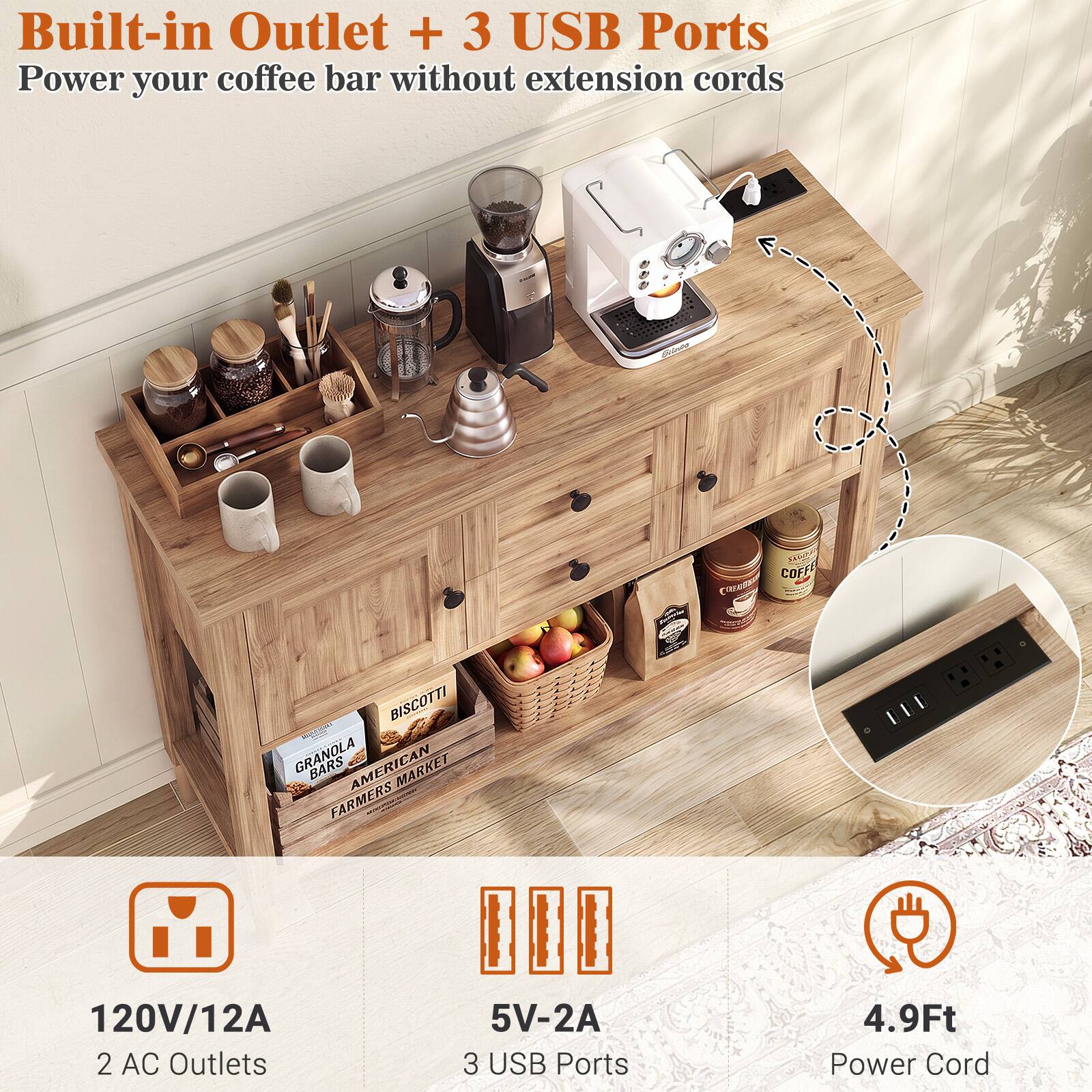 Built-in Outlet + 3 USB Ports  
Power your coffee bar without extension cords

COFFEE CEREAL  
BISCOTTI GRANOLA BARS AMERICAN MARKET FARMERS

120V/12A  
2 AC Outlets  
5V-2A  
3 USB Ports  
4.9Ft Power Cord