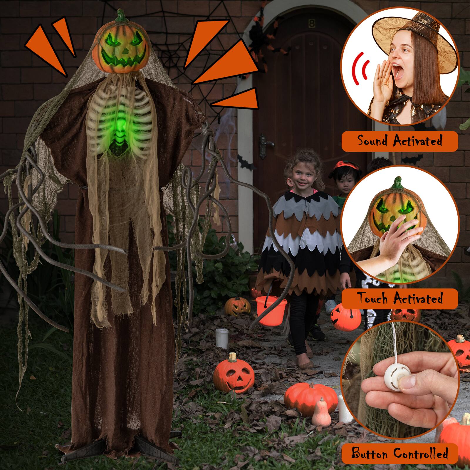 The text on the image is grouped as follows:

1. Sound Activated: The pumpkin head is sound activated.
2. Touch Activated: The pumpkin head is touch activated.
3. Button Controlled: The pumpkin head is button controlled.