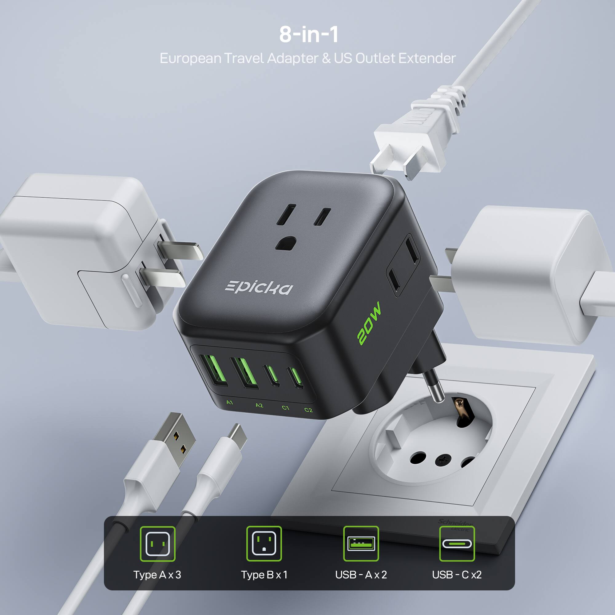 8-in-1  
European Travel Adapter & US Outlet Extender  

20W  

Type A x 3  
Type B x 1  
USB-A x 2  
USB-C x 2