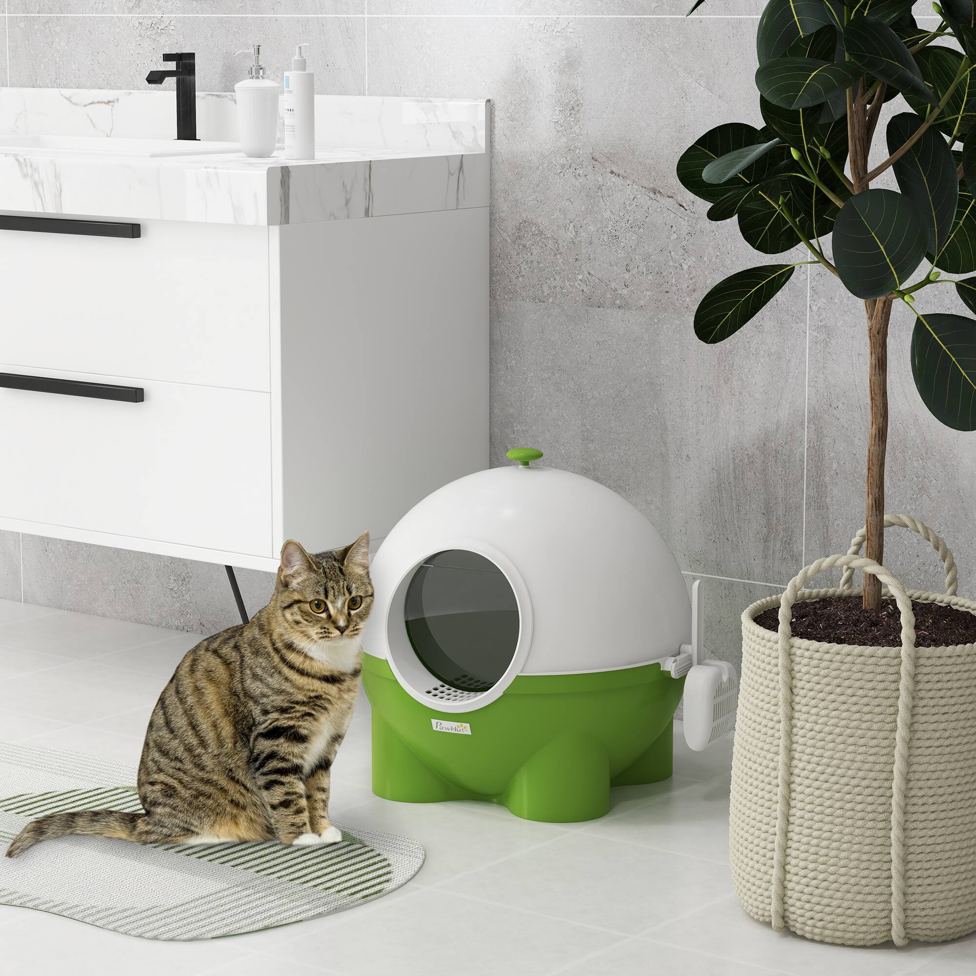 Angle. Pawhut - Hooded Cat Litter Box, Large Kitty Litter Pan with Lid, Scoop, Leaking Sand Pedal, Top Handle - Green.