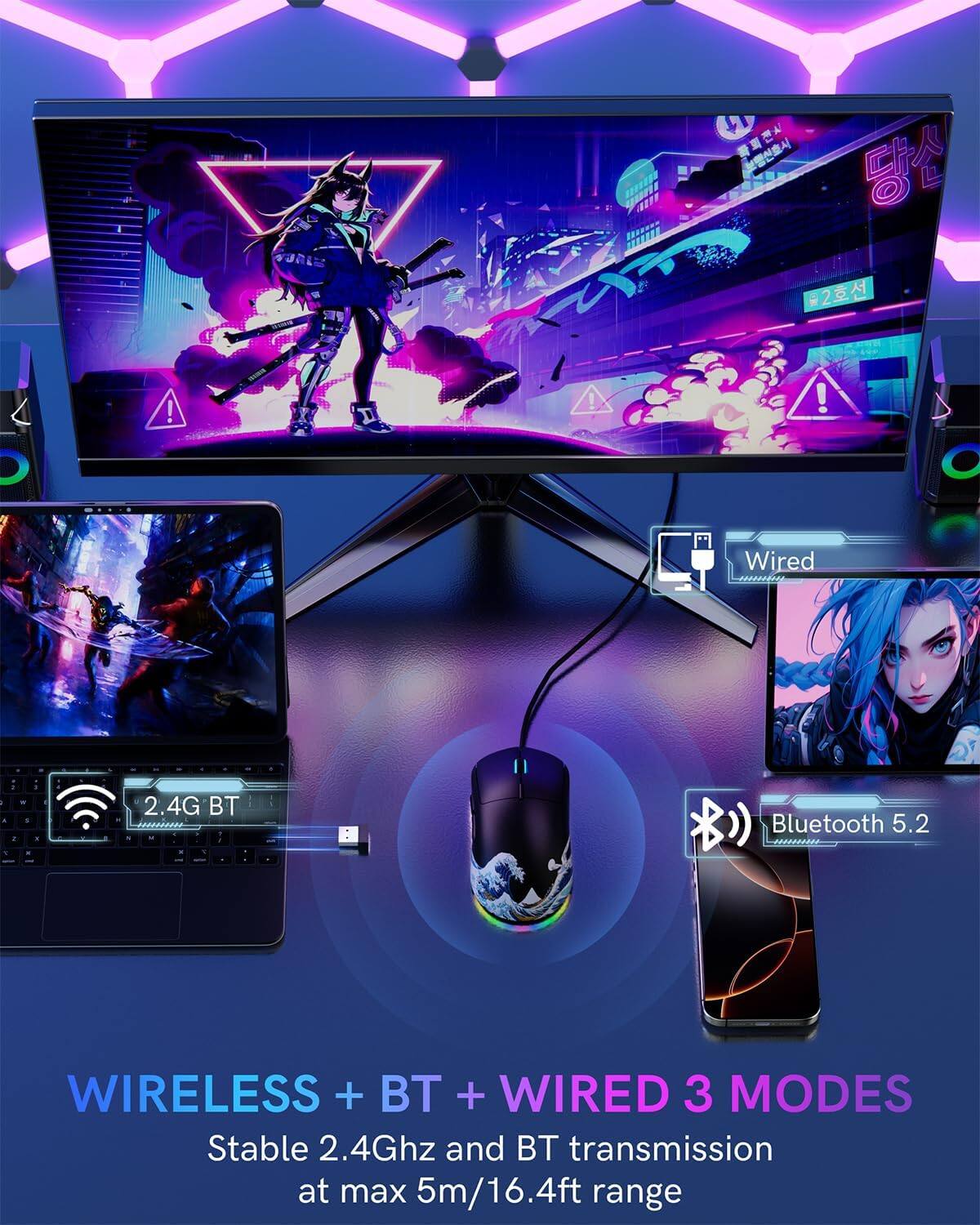 2 O ! ! ! C Wired 00002209 - 2.4G BT Bluetooth 5.2 WIRELESS + BT + WIRED 3 MODES Stable 2.4Ghz and BT transmission at max 5m/16.4ft range