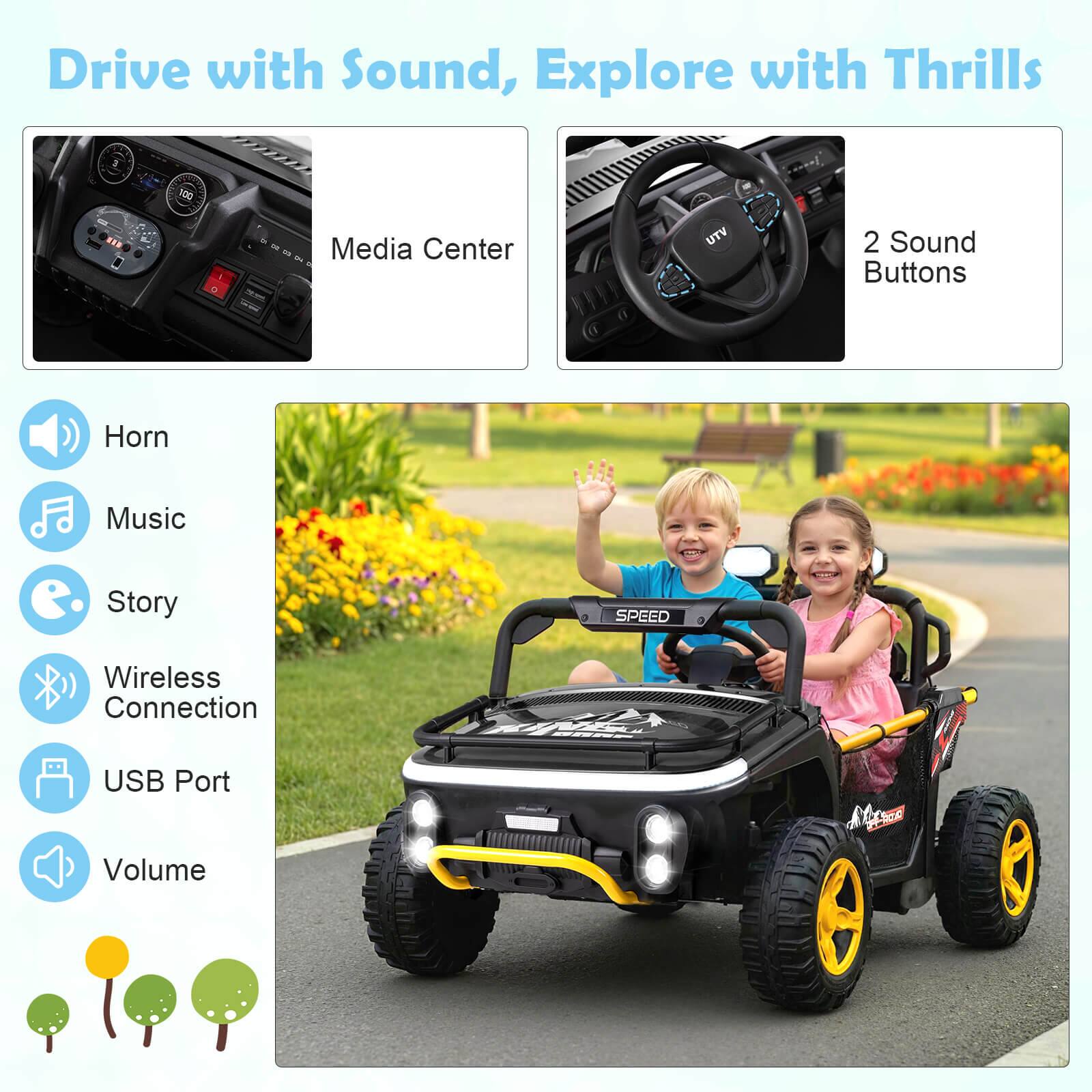 Drive with Sound, Explore with Thrills

- Media Center
- 2 Sound Buttons

- Horn
- Music
- Story
- Wireless Connection
- USB Port
- Volume