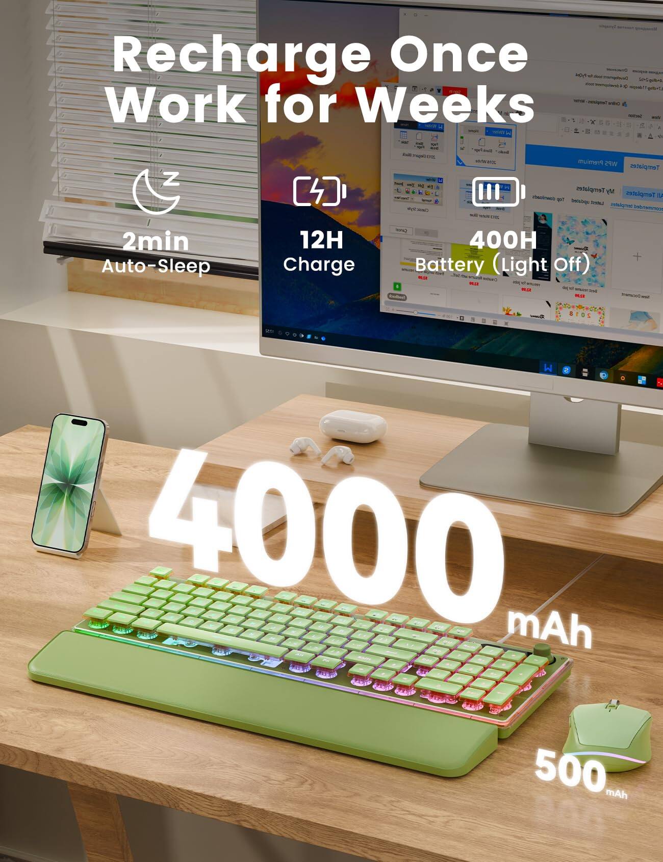 Recharge Once Work for Weeks  
2min Auto-Sleep  
12H Charge  
400H Battery (Light Off)  
4000 mAh  
500 mAh