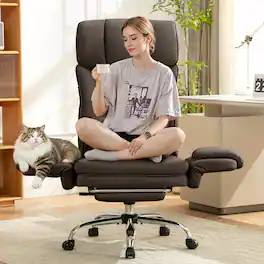 KERDOM - Ergonomic Big Office Leather Chair with Expandable Arms, Reclining Cross Legged Chair with Footrest Wide Seat for Gaming - Brown