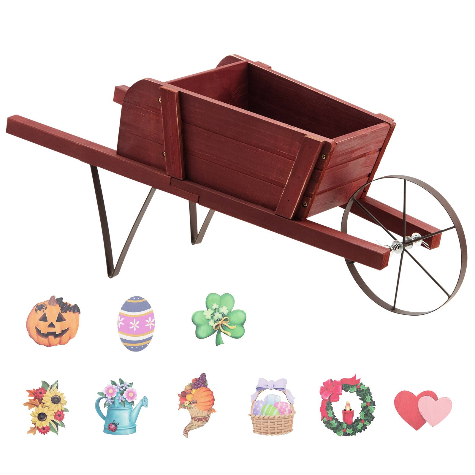 Alt View 2. Costway - Wooden Wagon Planter Decorative Indoor/Outdoor Rustic Flower Cart with Wheel - Red.