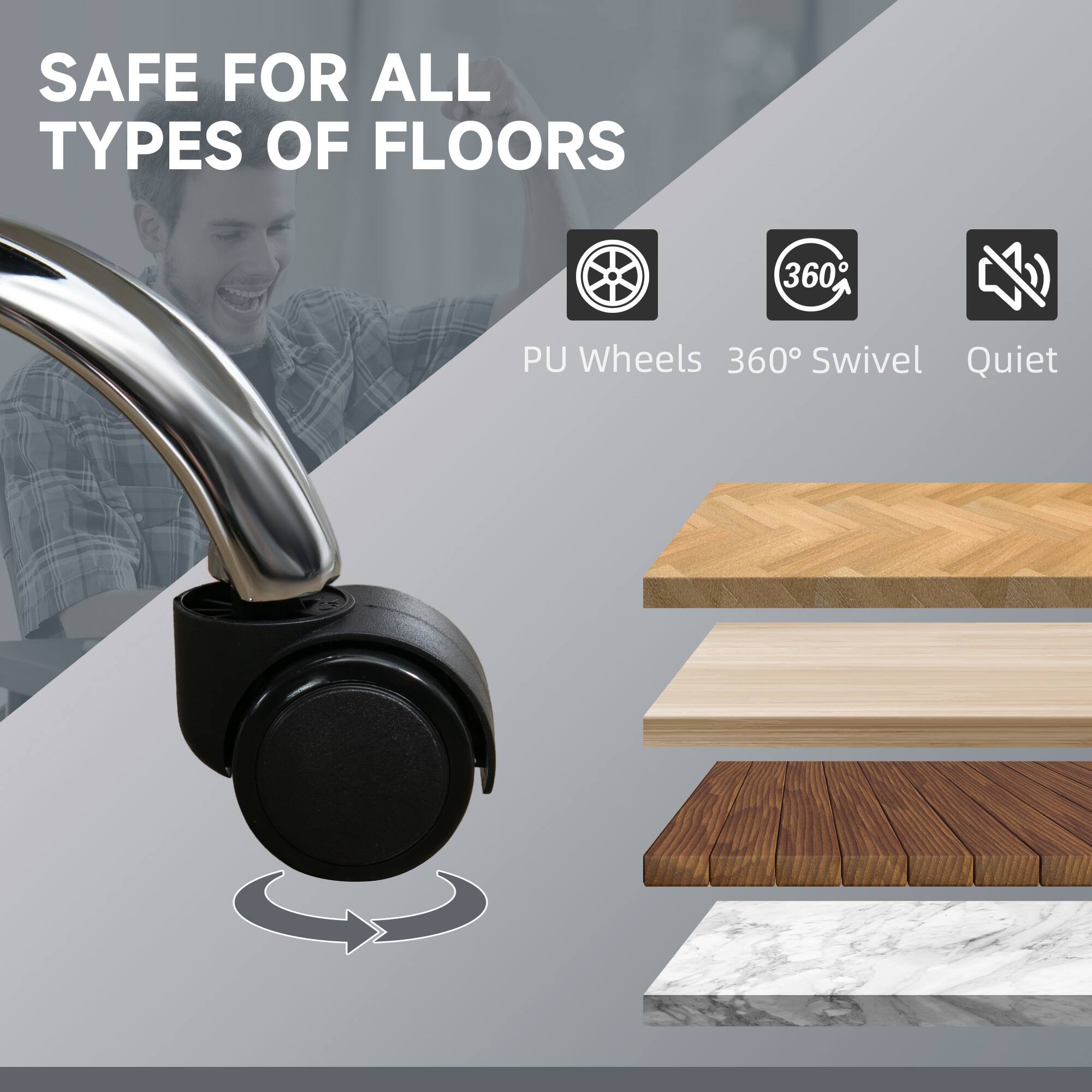 SAFE FOR ALL TYPES OF FLOORS, PU Wheels, 360° Swivel, Quiet