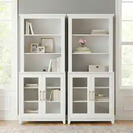 Martha Stewart - Bedford Set of 2 Modular Cabinets and 2 Hutch Set, Premium Hardware, Open Top Shelves, Soft-Close Glass Doors - White Frame/Gold Hardware