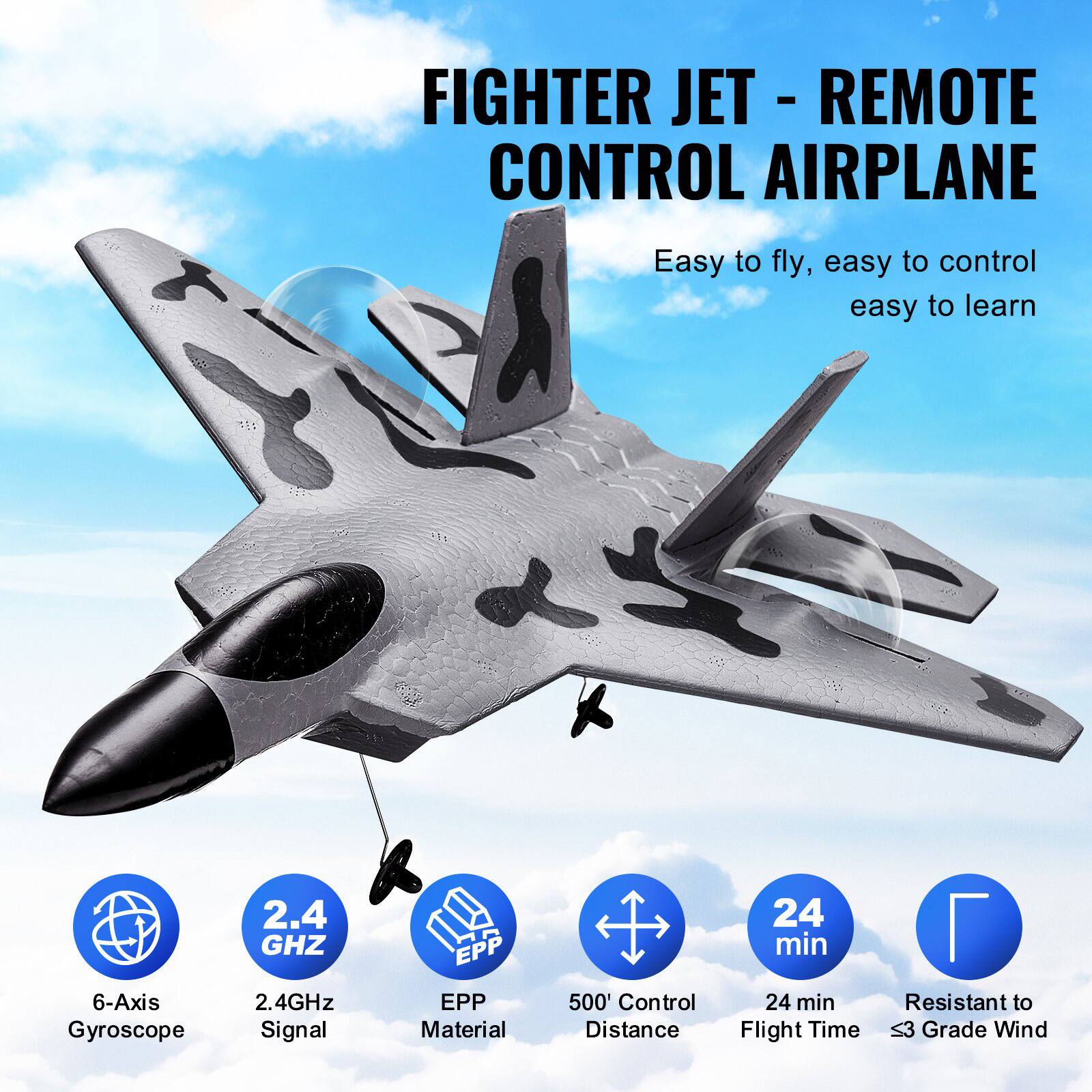 FIGHTER JET - REMOTE CONTROL AIRPLANE

Easy to fly, easy to control, easy to learn

- 6-Axis Gyroscope
- 2.4GHz Signal
- EPP Material
- 500' Control Distance
- 24 min Flight Time
- Resistant to 3 Grade Wind