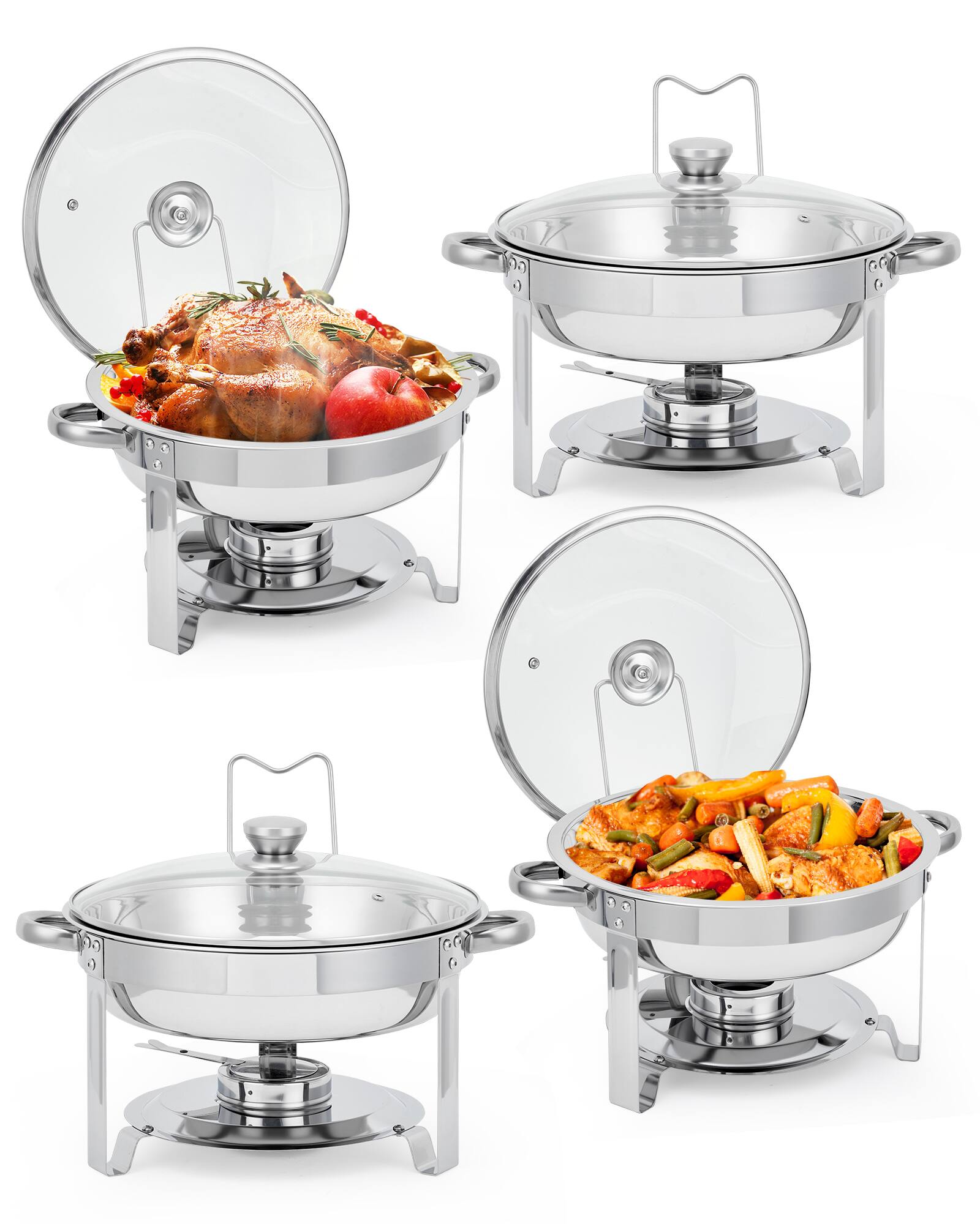 Front. GARVEE - Chafing Dishes for Buffet Set of 4, 5 QT Round Buffet Servers and Food Warmer Set with Glass Lid, Silver - Silver.