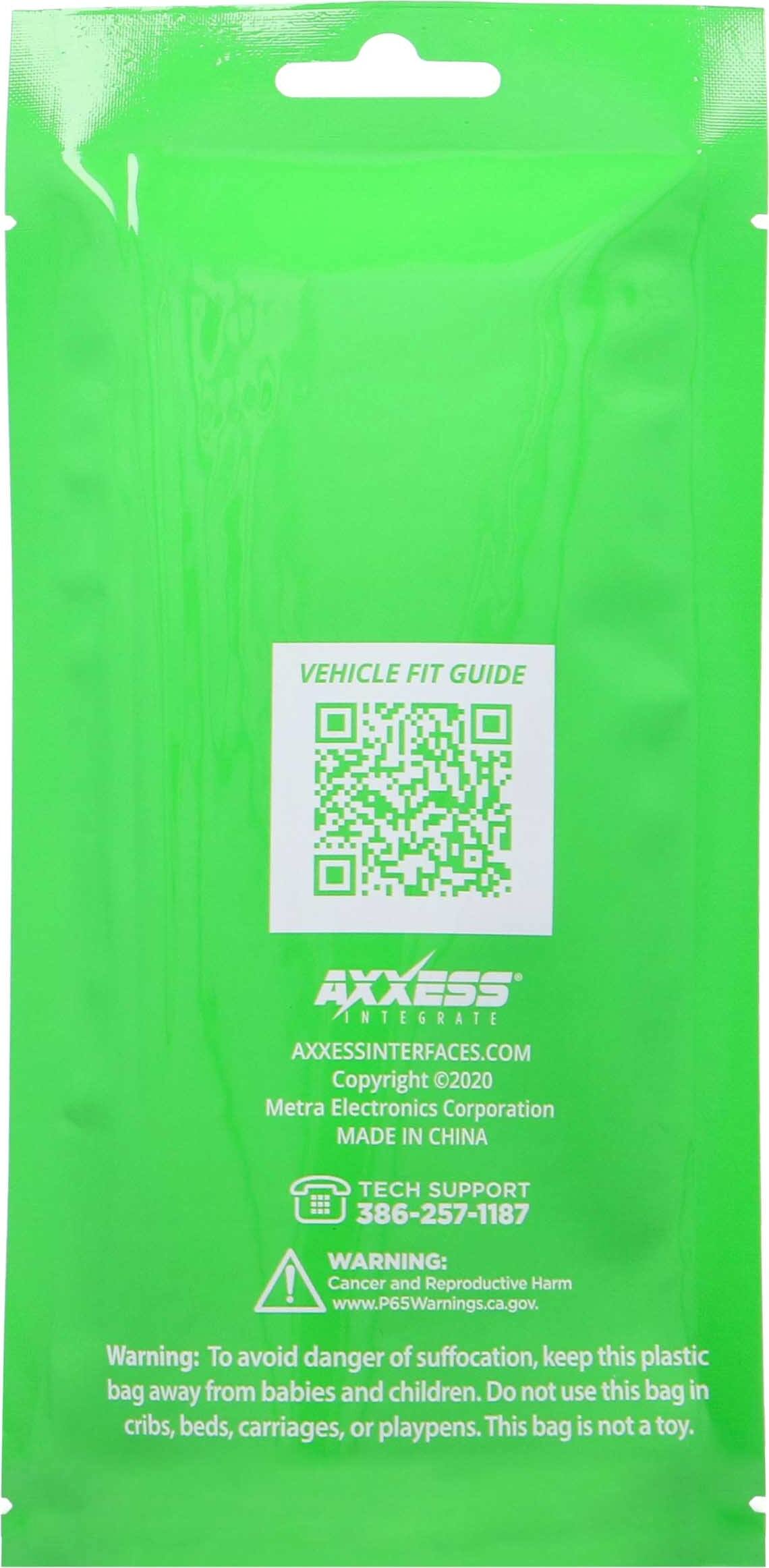 The text on the image is grouped and corrected as follows:

"VEHICLE FIT GUIDE AXESS INTERFACES.COM Copyright 2020 Metra Electronics Corporation MADE IN CHINA TECH SUPPORT 386-257-1187 WARNING: This product contains chemicals known to the State of California to cause cancer and reproductive harm. WARNING: To avoid danger of suffocation, keep this plastic bag away from babies and children. Do not use this bag in cribs, beds, carriages, or playpens. This bag is not a toy."