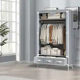 Mirfee - Portable Wardrobe with Rolling Door & Hanging Rack - Lightweight, 3 Drawers, Curtain Design - 67x35x17 In - Gray