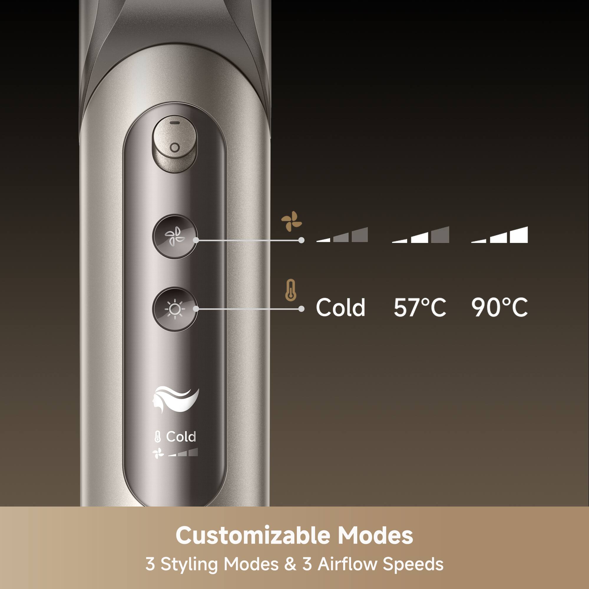 - Cold
- 57°C
- 90°C

Customizable Modes
3 Styling Modes & 3 Airflow Speeds