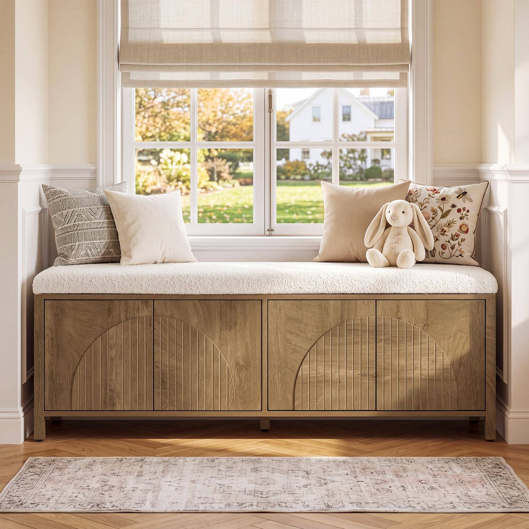 Left. Tribesigns - 55" Shoe Storage Bench with Cushion, Farmhouse Entryway Bench - Brown.